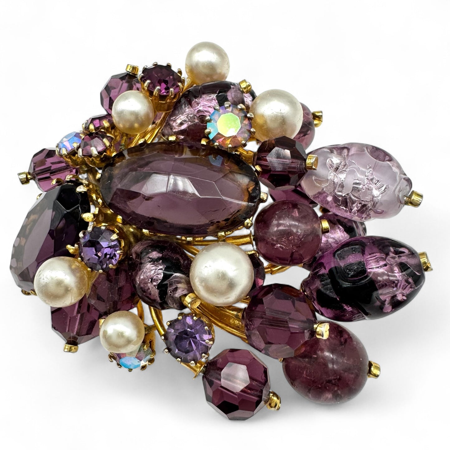 Kramer Large Purple Art Glass and Faux Pearl Jewelled Spray Brooch, Made in Austria 1960s