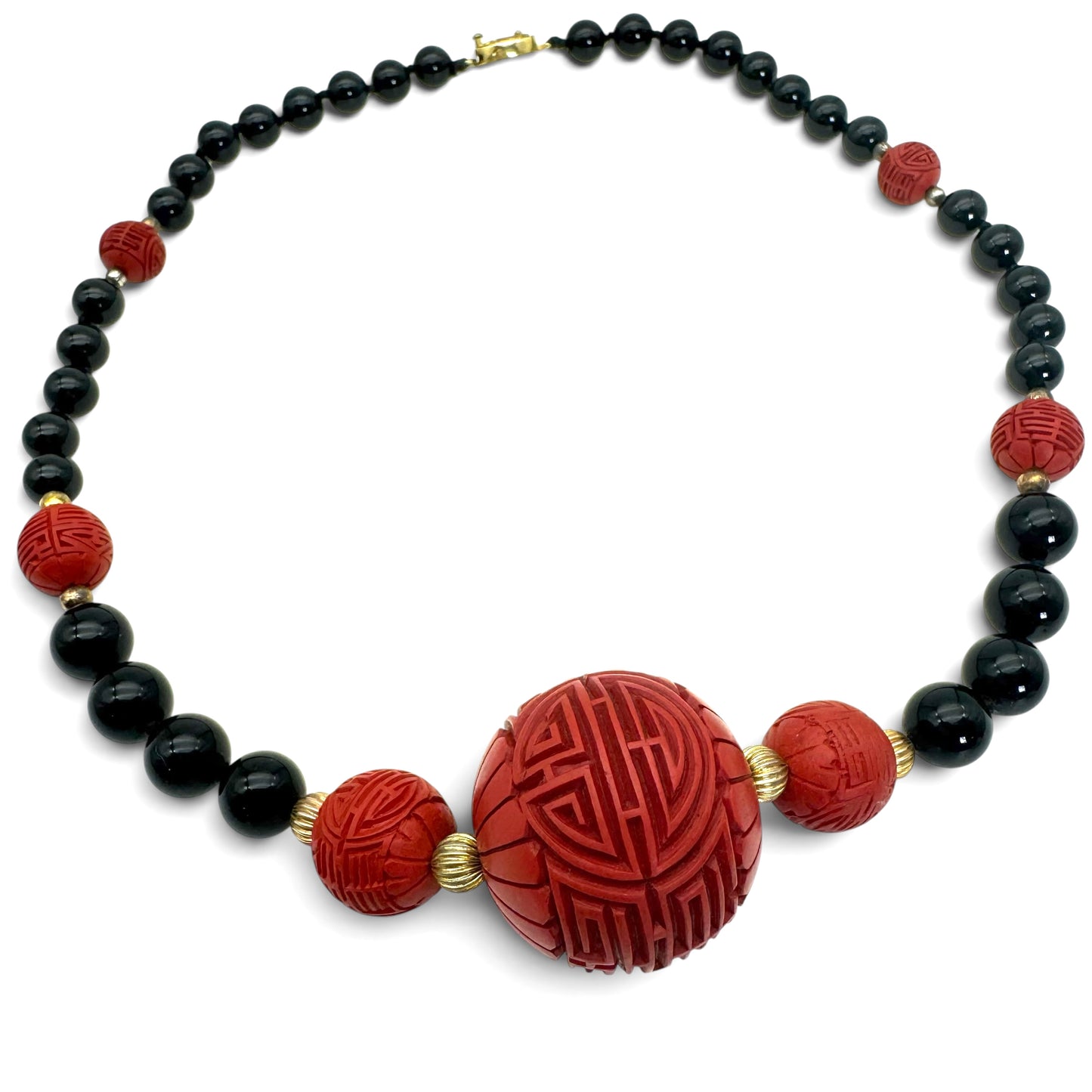 Mid-Century Chinese Export 'Cinnabar Style' Black Onyx Bead Necklace & Earring Suite