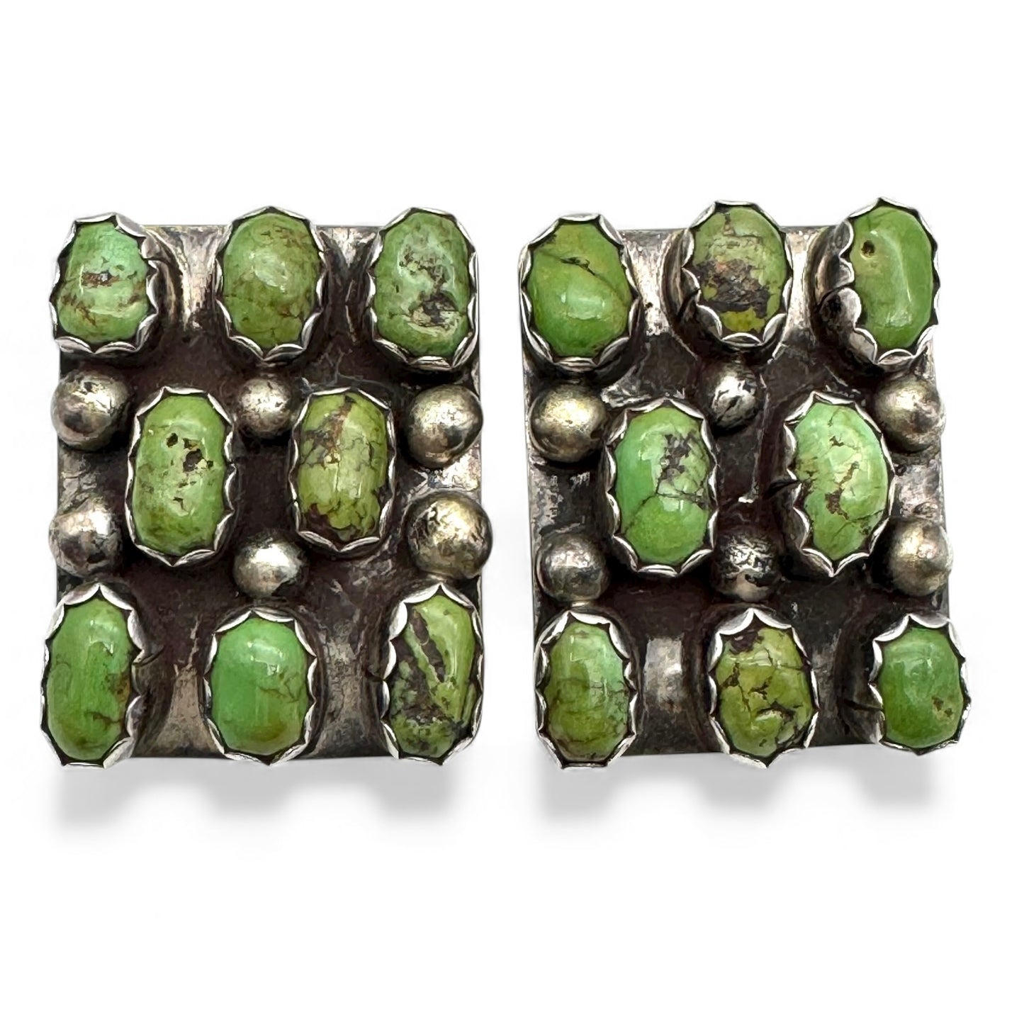 Dorothy Secatero Sterling 'Ds' Navajo Green Turquoise Cluster Pierced Earrings