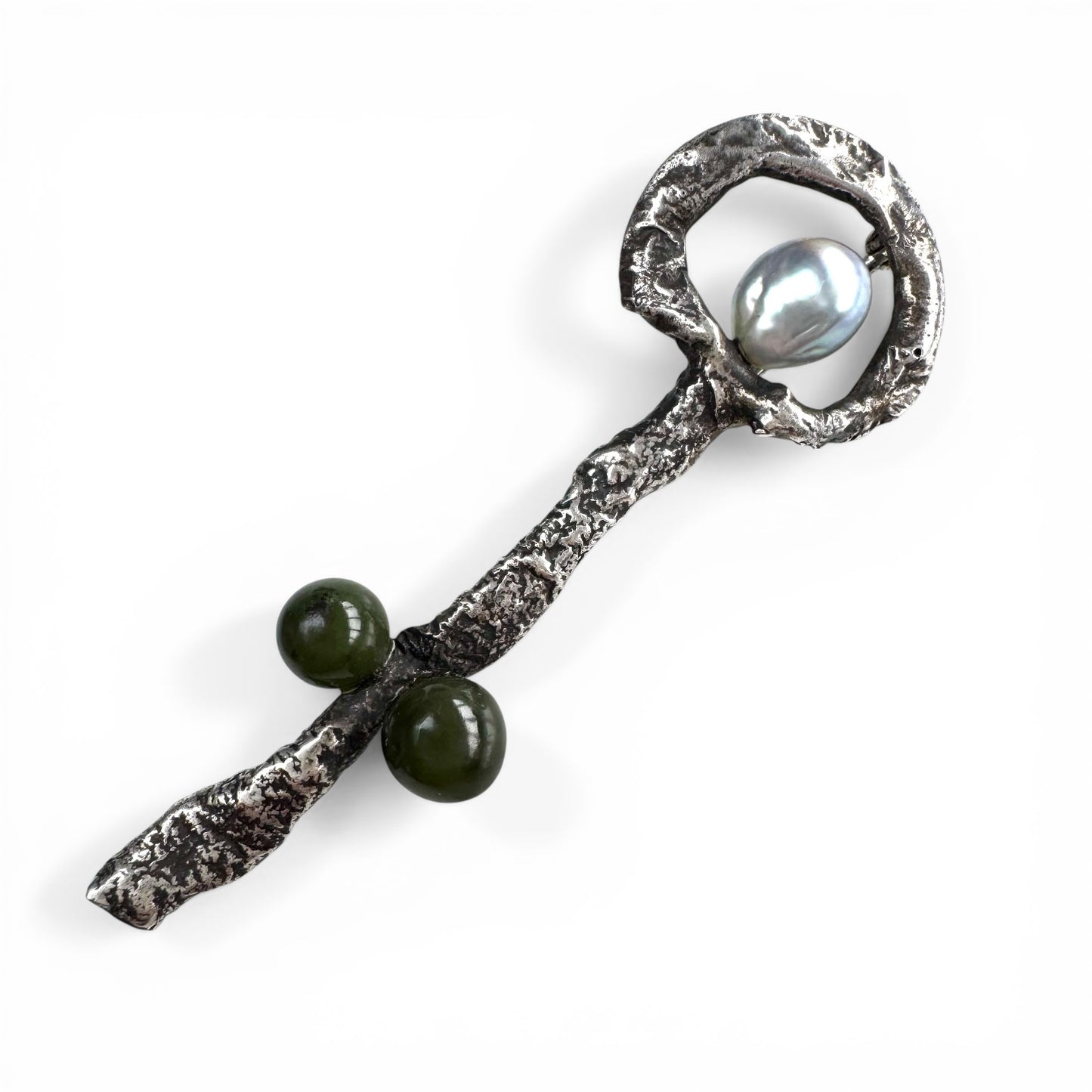 Vintage Sterling Silver Handcrafted Organic Freeform Key Brooch with Baroque Cultured Pearl and Green Stone Accents