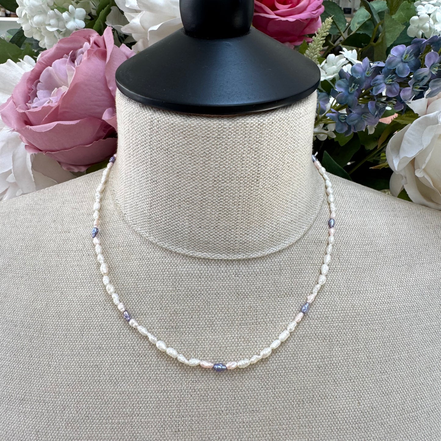 Mid-Century Cultured White/Pink/Lavender Freshwater Rice Pearl Gold-Filled Necklace