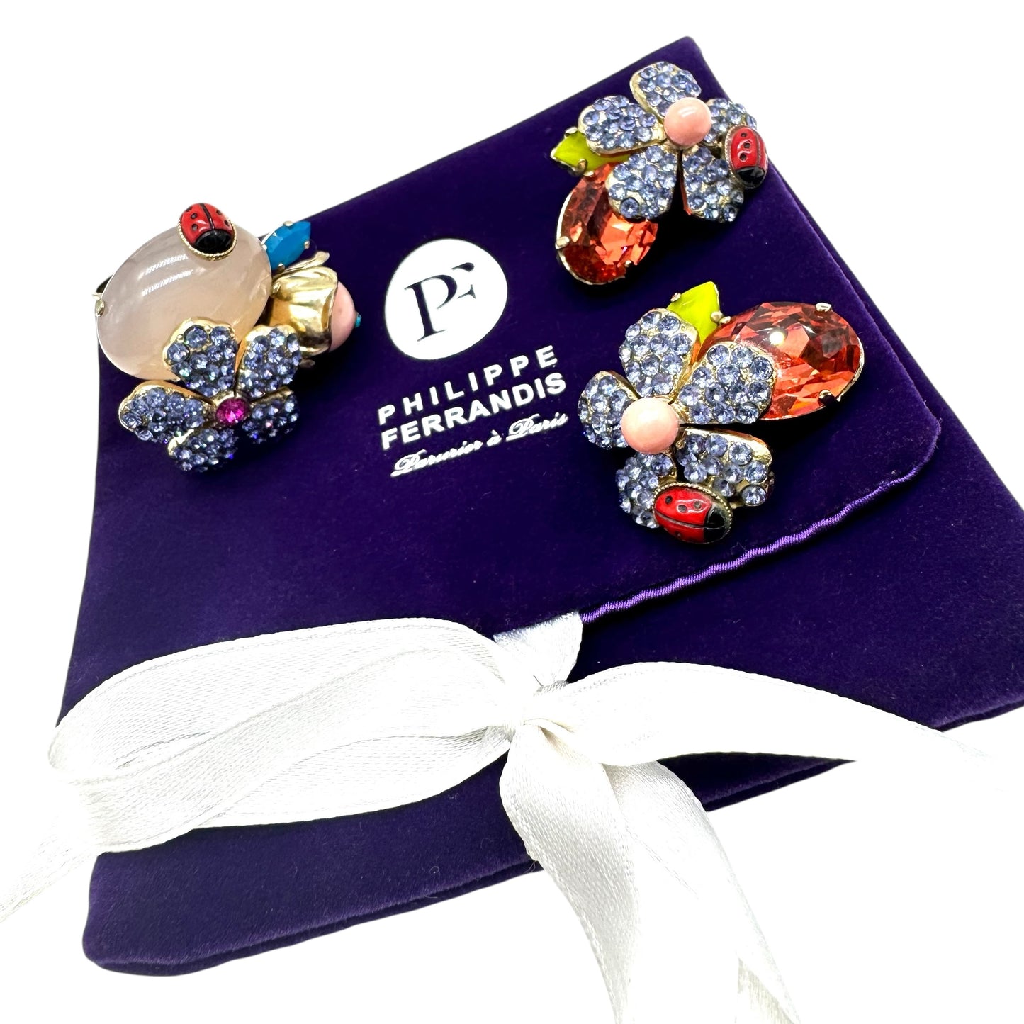 Philippe Ferrandis Adjustable Floral Ring and Matching Clip On Earrings in Original Purple Velvet Pouch
