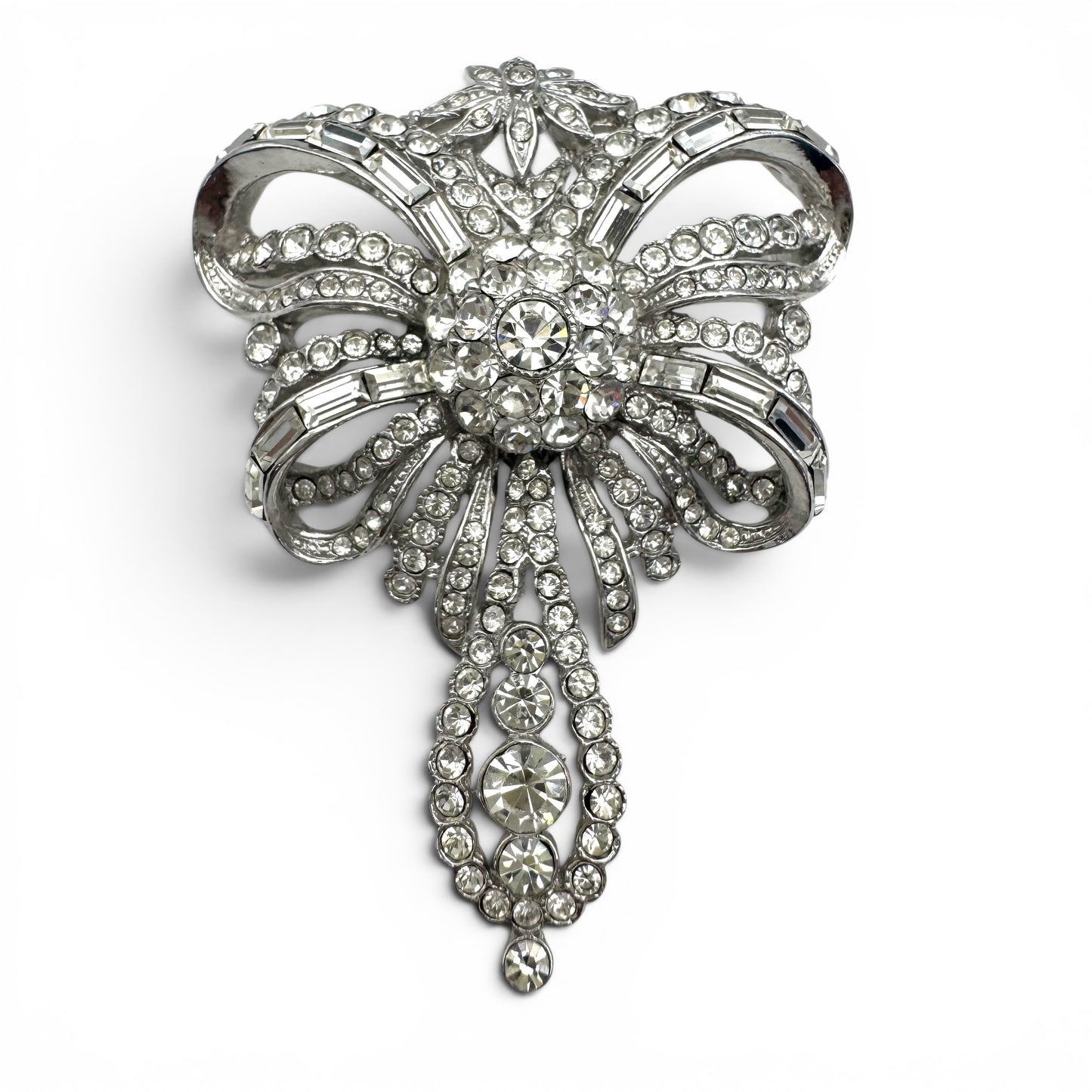 Attwood and Sawyer Rhodium Plated and Swarovski Crystal 'Minuet' Bow Brooch