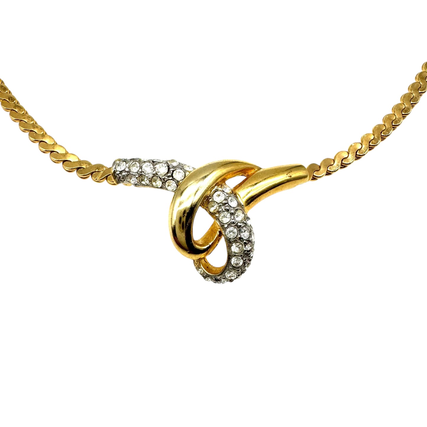 Rare Signed 'SAM' 'England' Serpentine Chain with Rhinestone Cross Over Integral Pendant