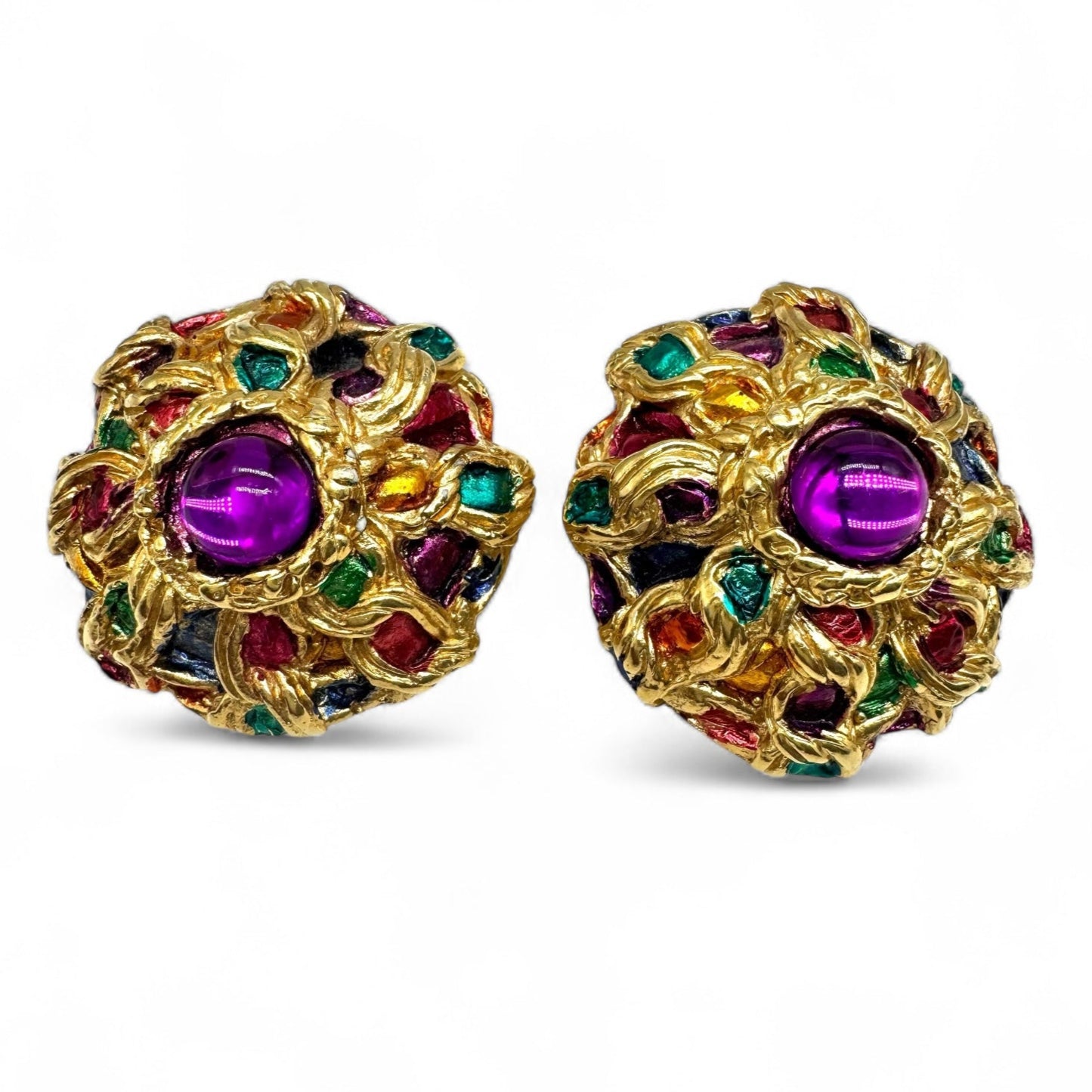 Jacky De G Bold and Bejewelled Loose Knit/Weave Clip On Earrings
