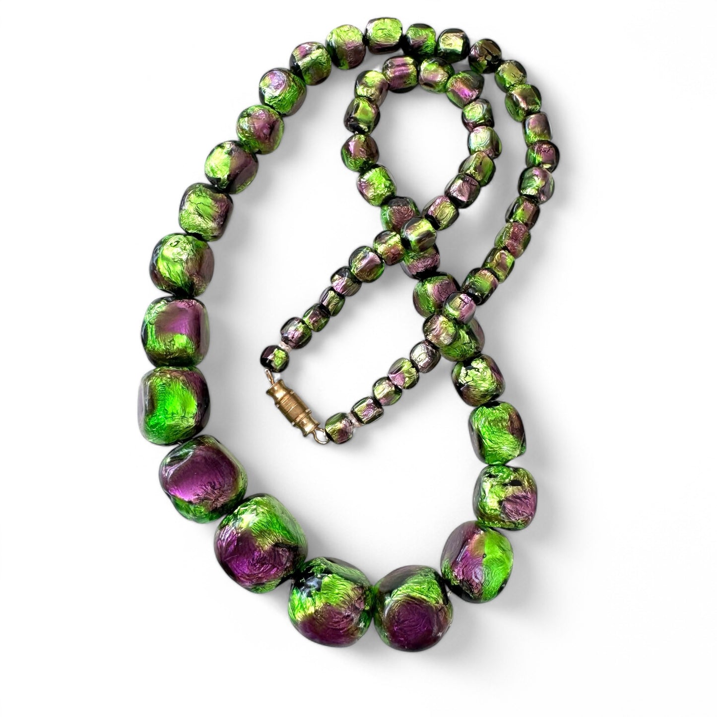Bohemian Art Deco Cubed Foil Glass Graduated Necklace in Purple and Vivid Green Restrung on Pale Pink Silk