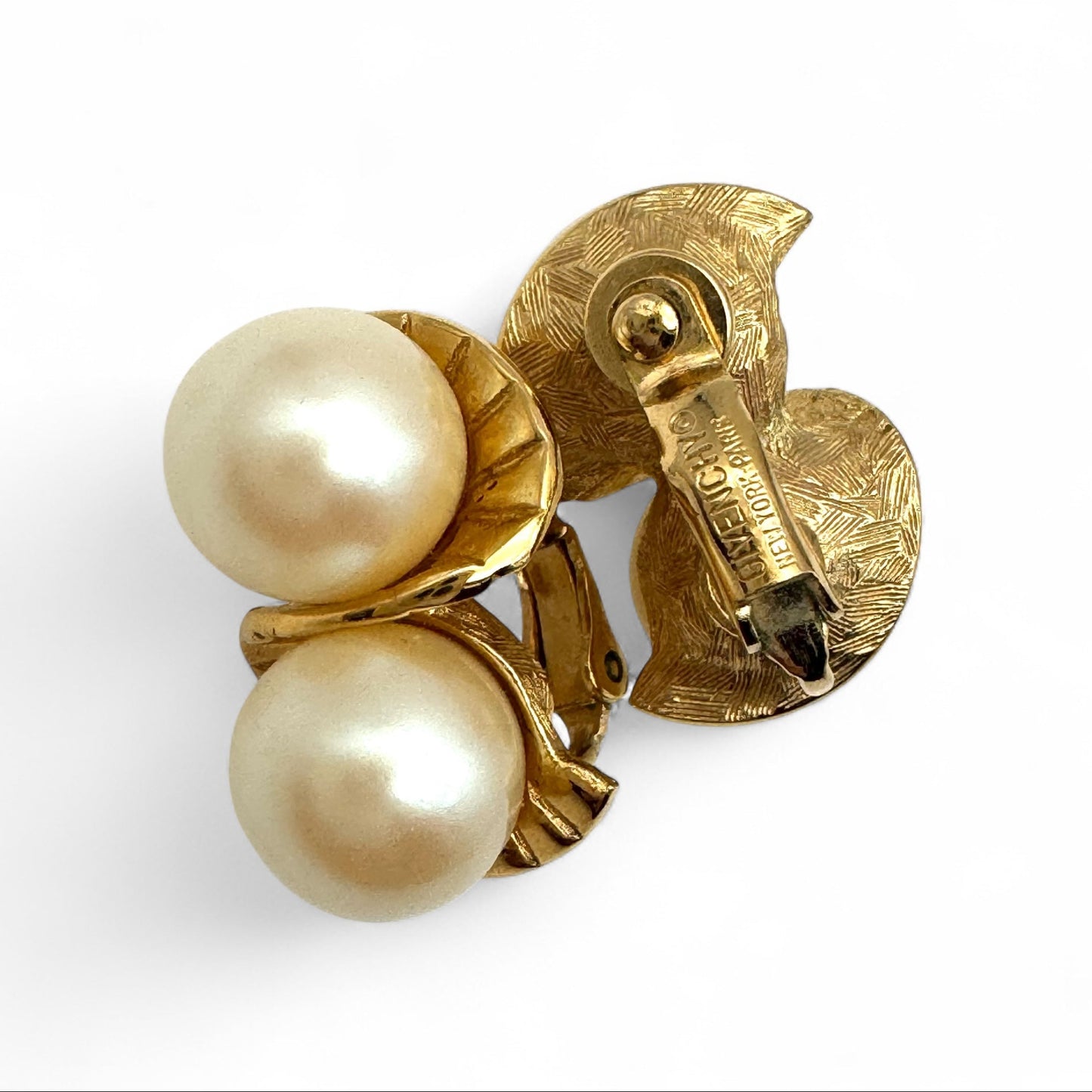 Givenchy New York Paris Double Faux Pearl Gold Plated Clip On Earrings