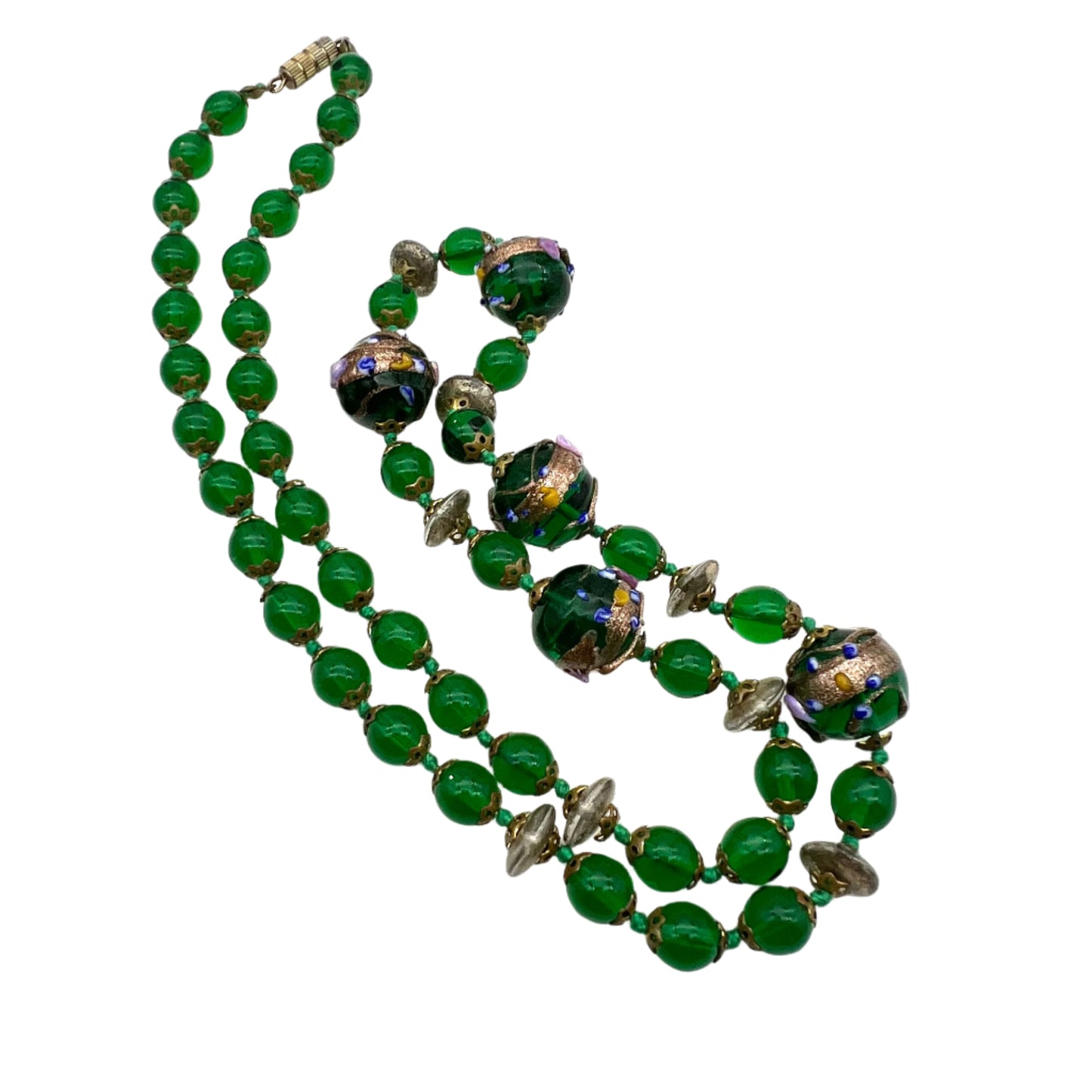 Green Venetian Glass Lampwork Hand Knotted Beaded Necklace