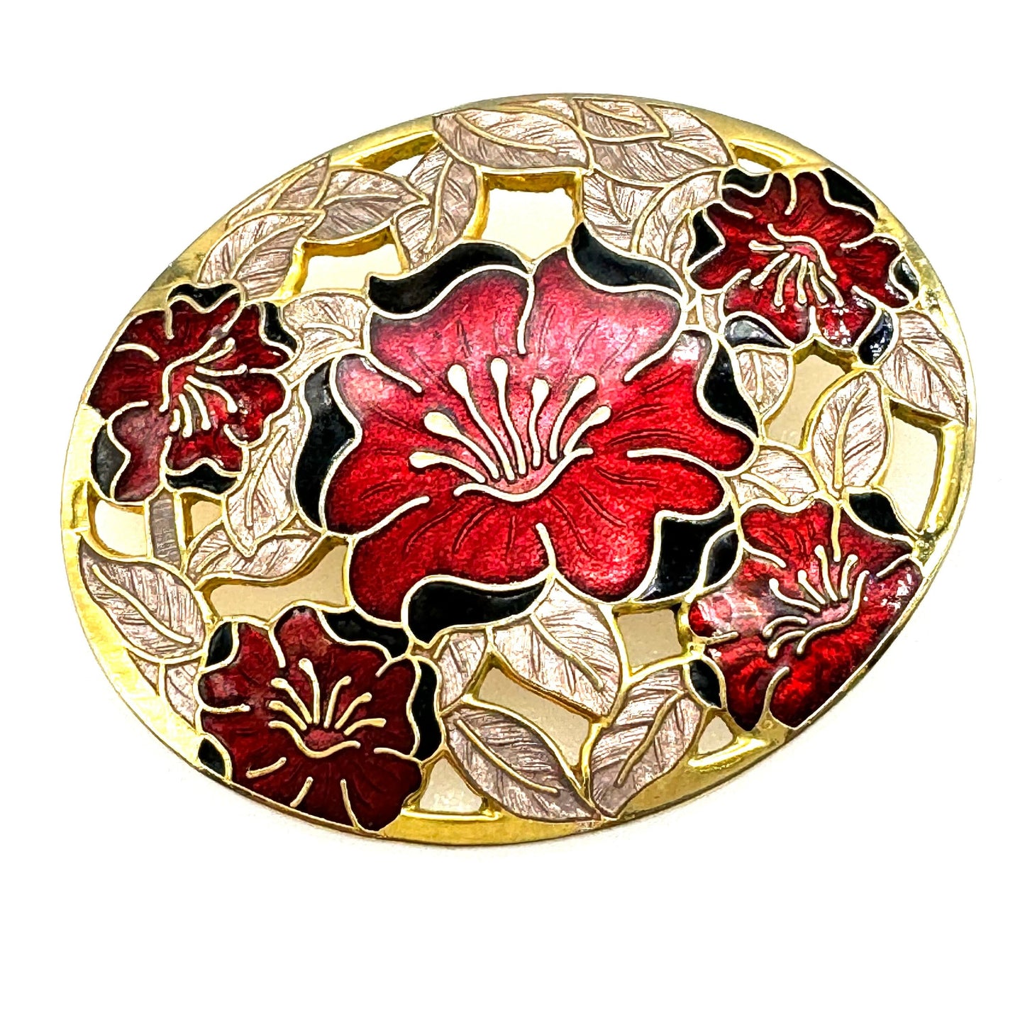 Fish and Crown, Fish Fine Enamels (Fish Enterprises Ltd) Red Floral Enamel Brooch