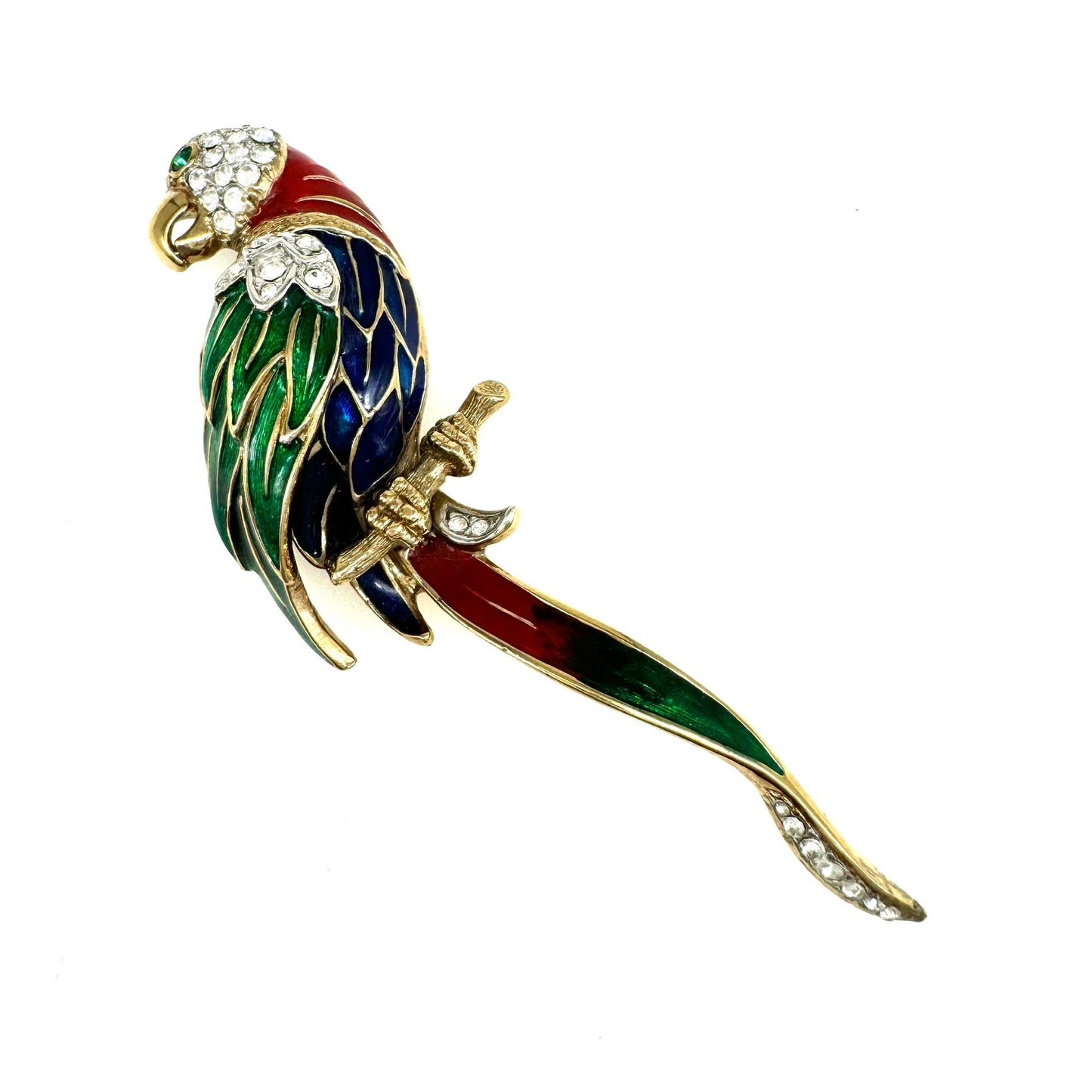 Attwood and Sawyer 22ct Gold Plated Enamel and Swarovski Crystal Parrot on Perch Brooch