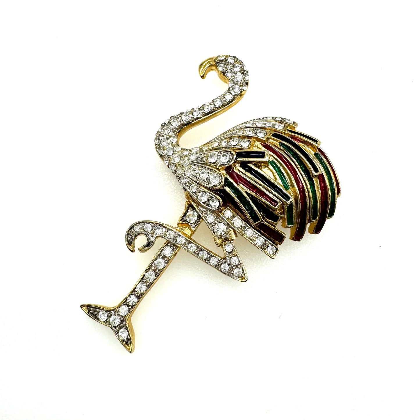 Vintage Enamel and Rhinestone Flamingo Brooch with Raised foot