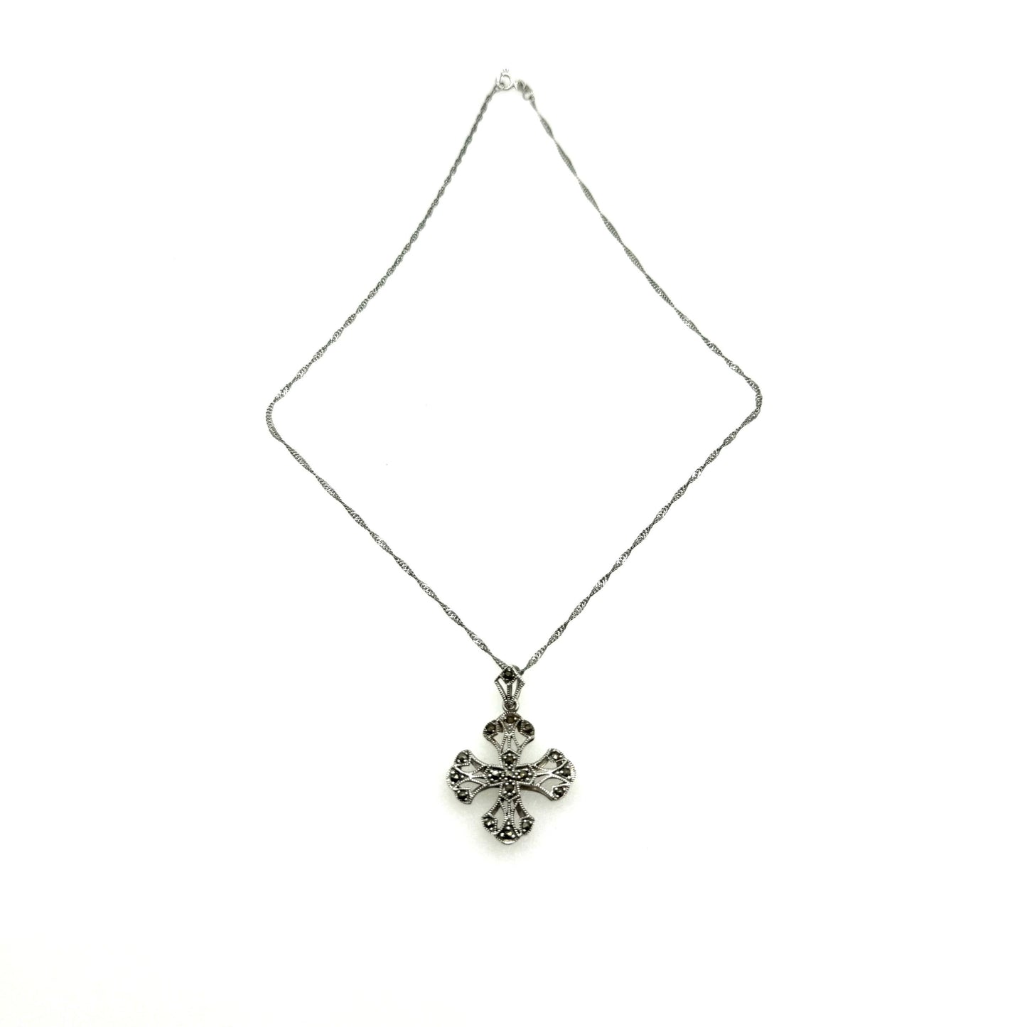 925 Silver Marcasite Maltese Cross Openwork Pendant On 925 Italy Silver Twist Chain Necklace