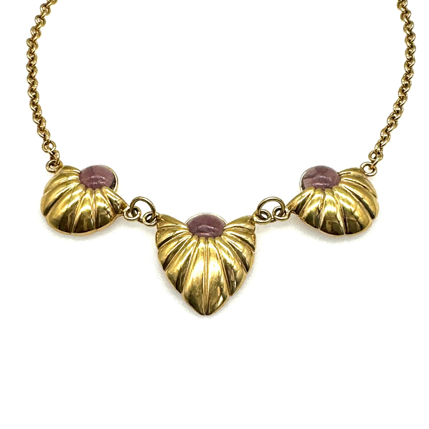 Signed ABC or PBC Purple Art Glass Ribbed Three Pendant Graduated Bib Chain Link Necklace