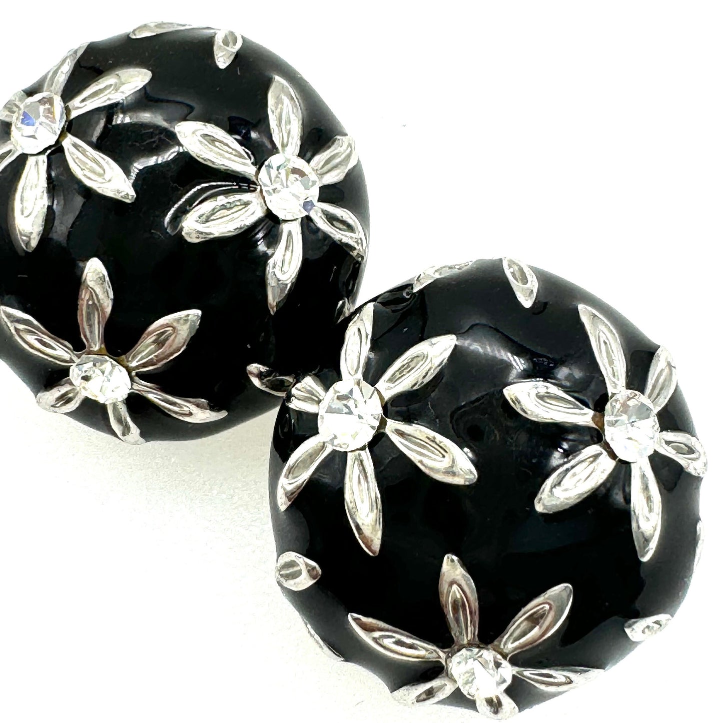 Vintage Black Enamel and Rhinestone Flower Domed Clip On Earrings
