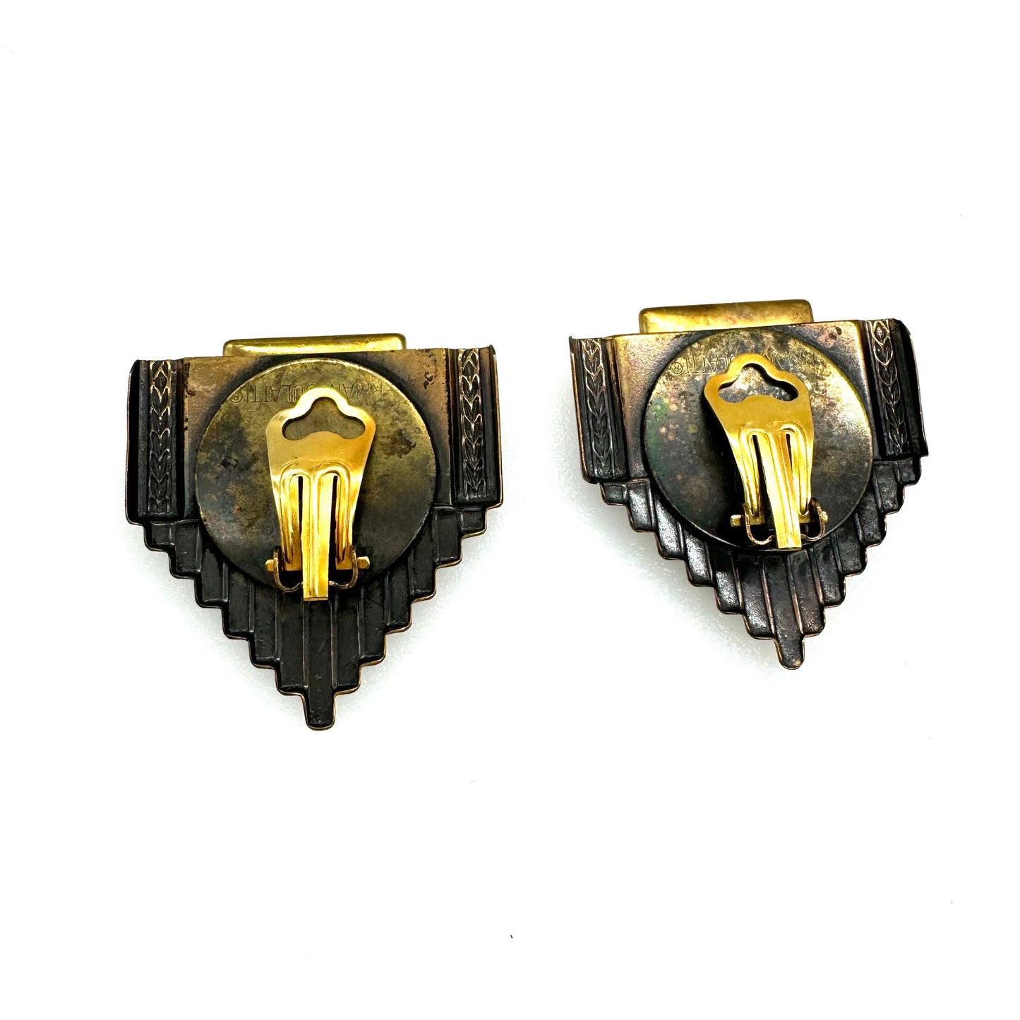Ermani Bulatti 1980's Art Deco Inspired - Mother of Pearl, Onyx, and Silk Brooch and Clip On Earrings