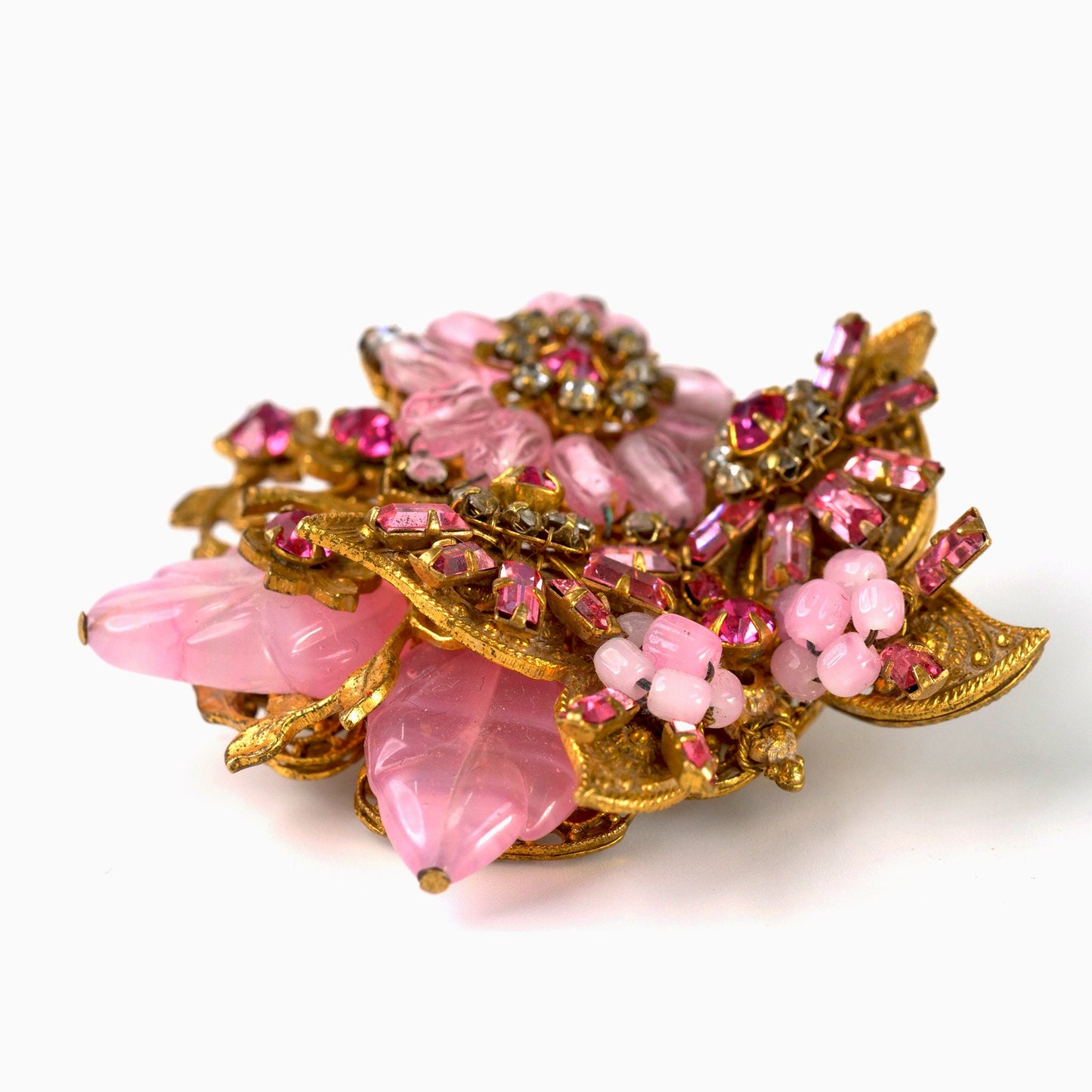 RARE Miriam Haskell Pink Glass and Crystal Floral Butterfly Brooch with Horseshoe Cartouche