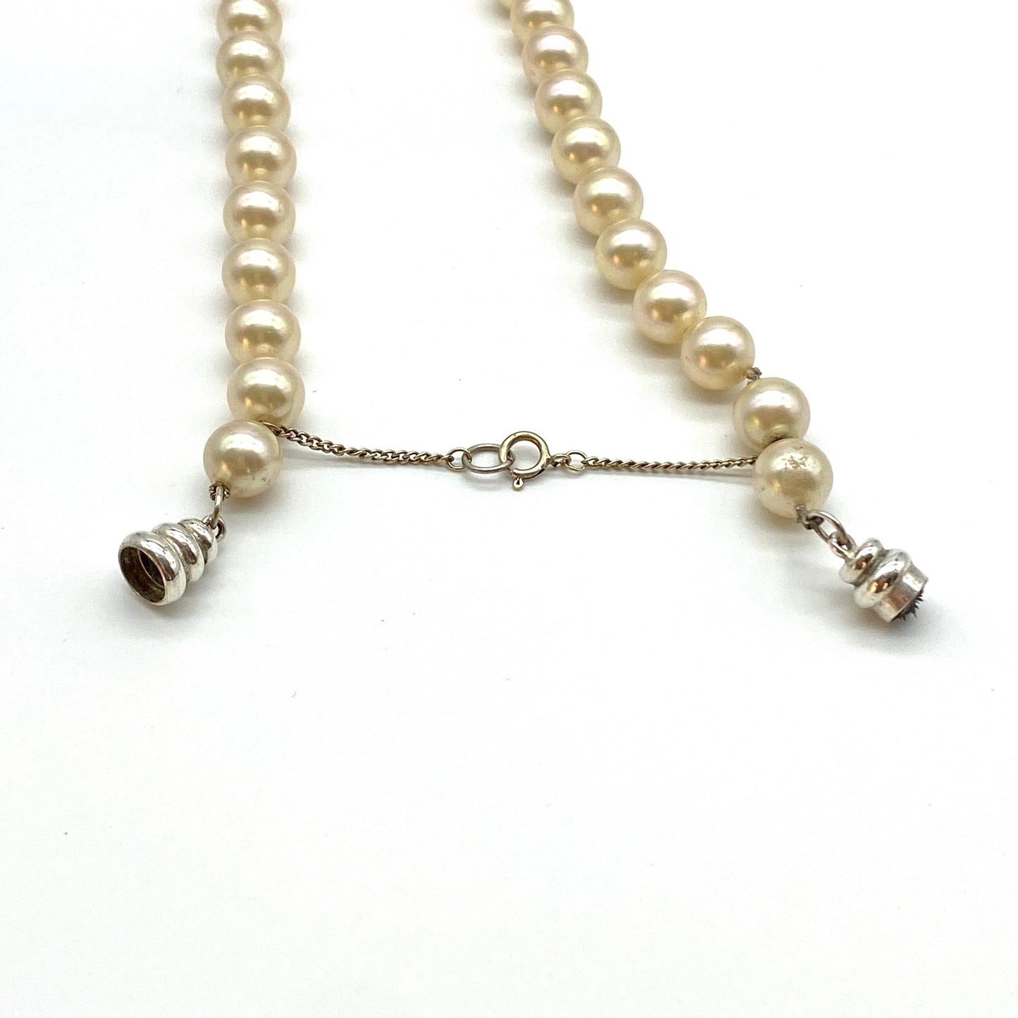 Vintage Hand Knotted Faux Pearl Necklace with 925 Silver Magnetic Beehive Clasp and Safety Chain