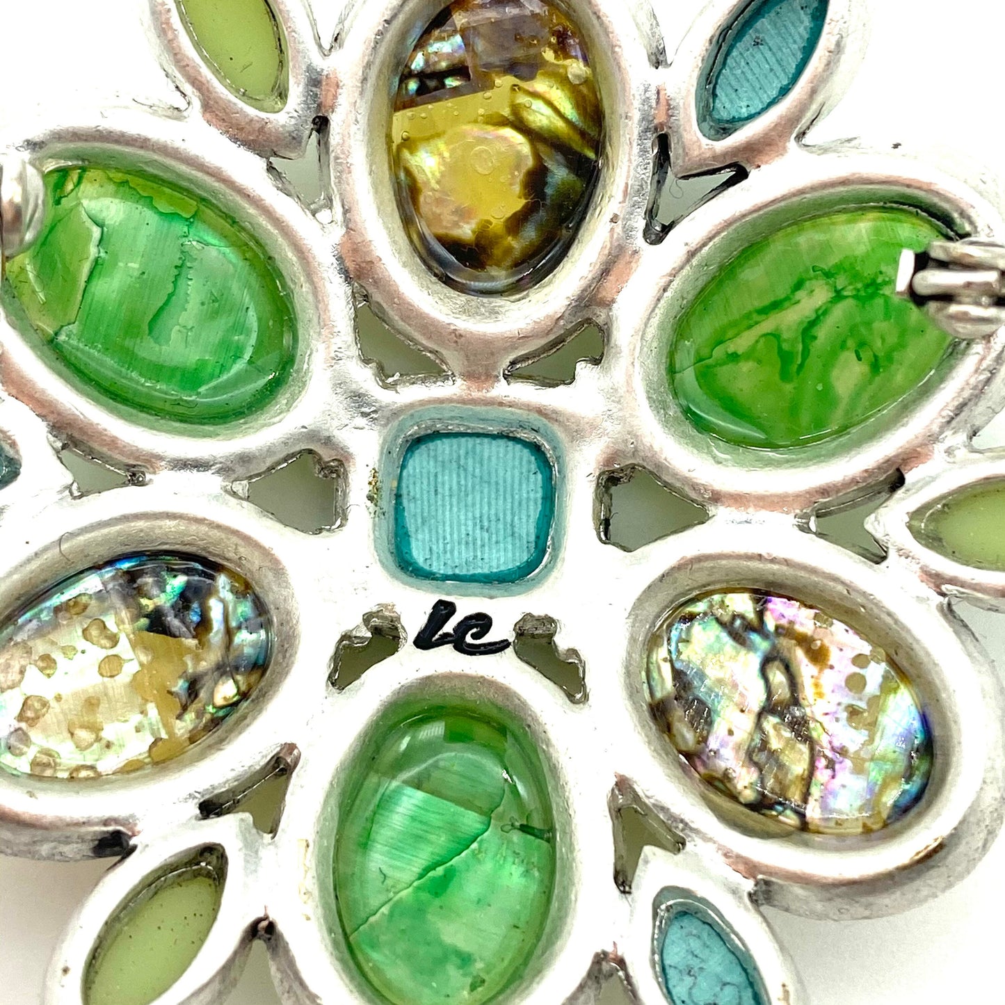 Liz Claiborne Blue and Green Faceted Glass, Stone and Paua Silvertone Brooch