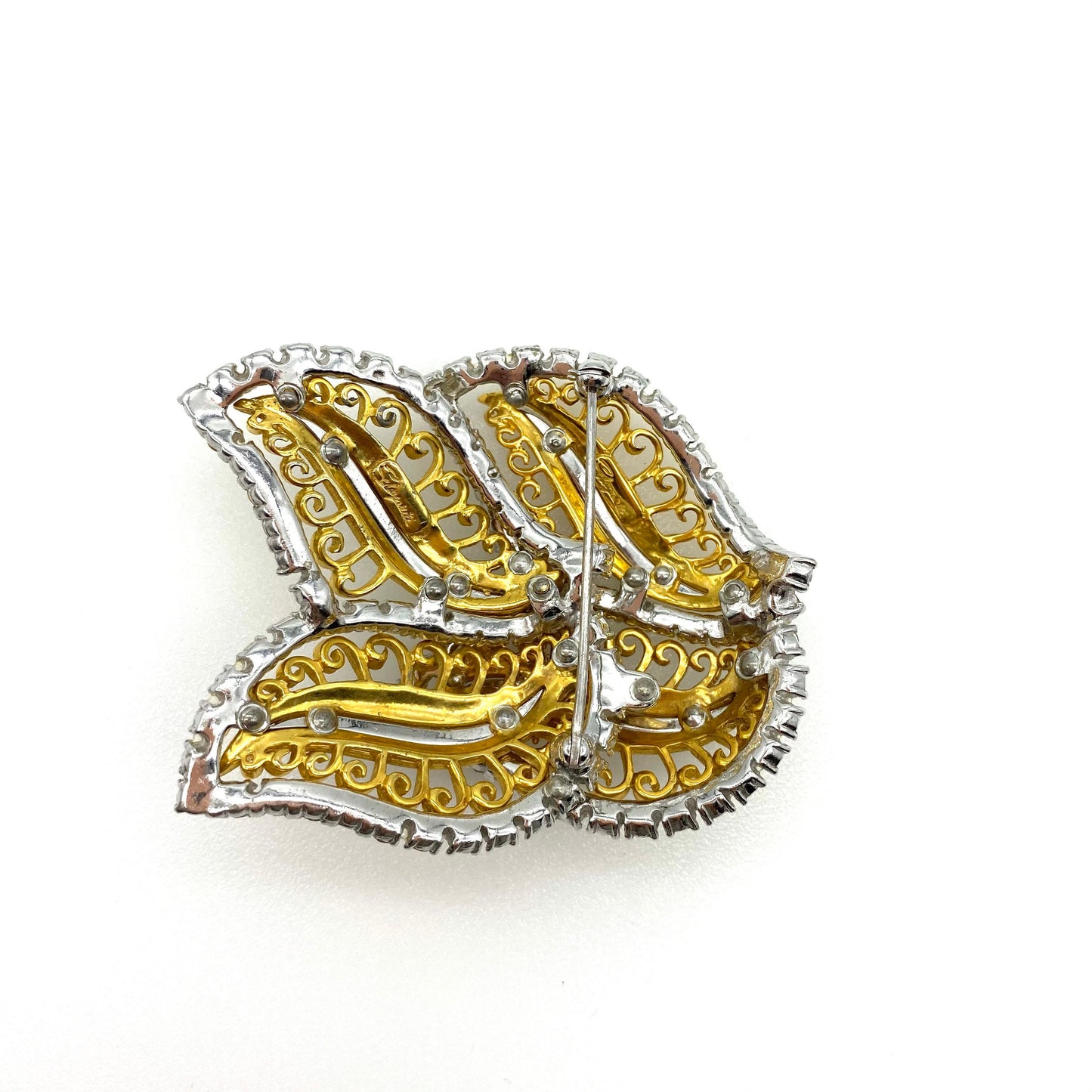 Elsa Schiaparelli Magnifique Broche Double Feuille Plaqué Or & Rhodium et Strass