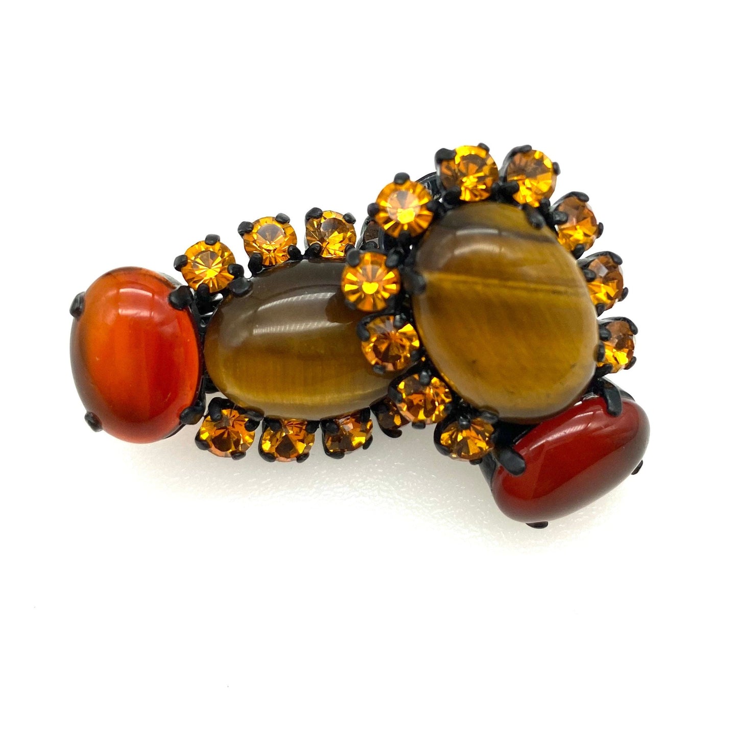 Philippe Ferrandis Tiger's Eye and Swarovski Crystal Clip On Earrings
