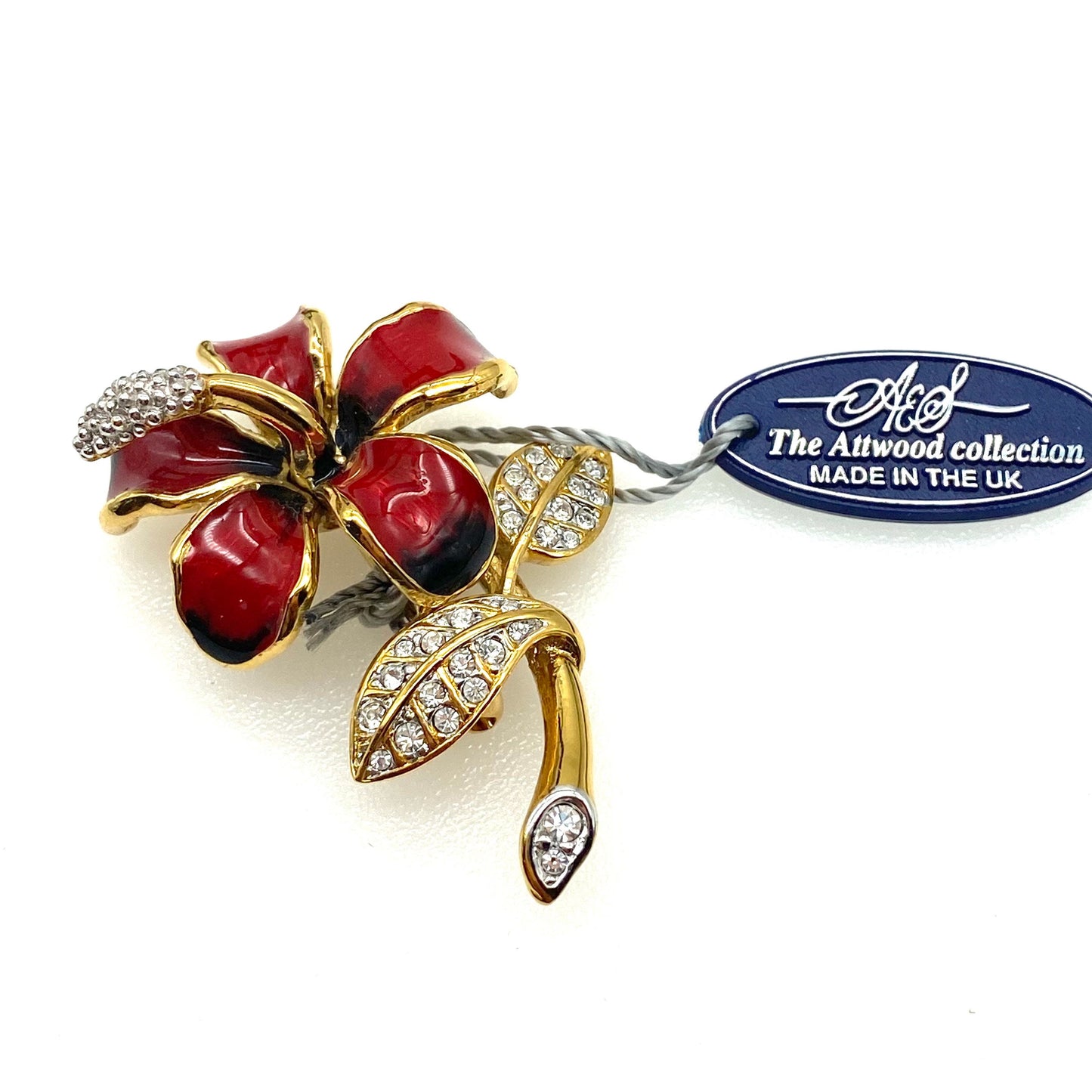 RARE Attwood and Sawyer Gold Plated Red Flower Brooch Air Mauritius The Mauritius Collection in Original Box
