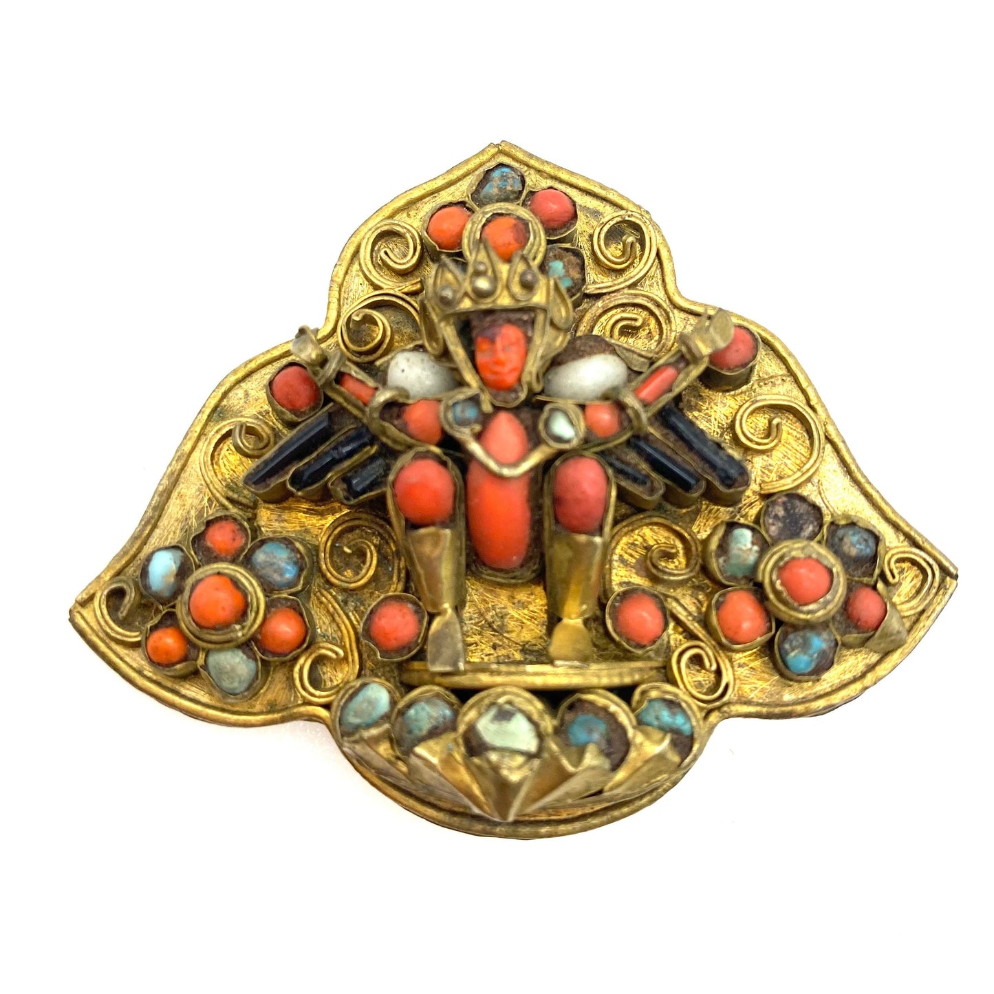 A Pair of Signed Antique Hand Crafted Inlaid Nepalese/Tibetan Brass Brooches