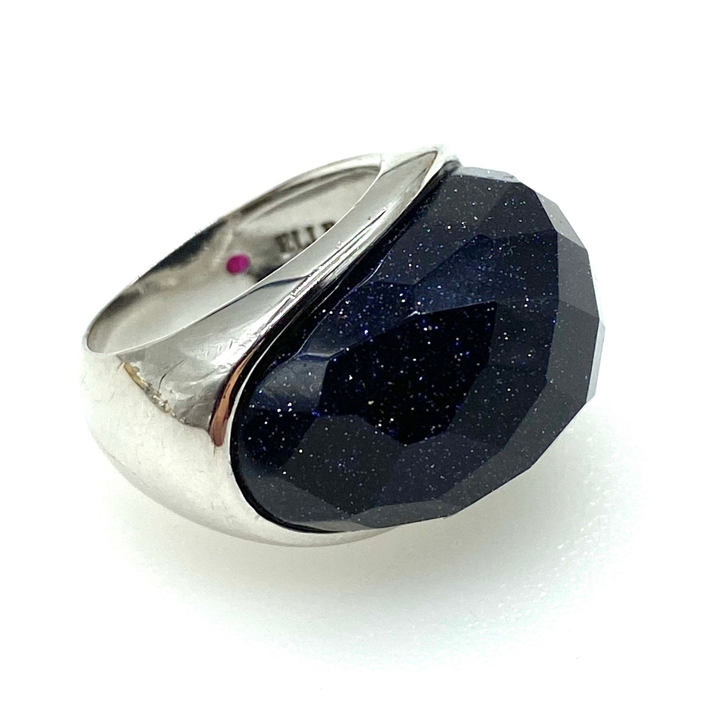ELLE 925 Silver Rhodium Plated Faceted Purple Goldstone Ring with Ruby Trademark
