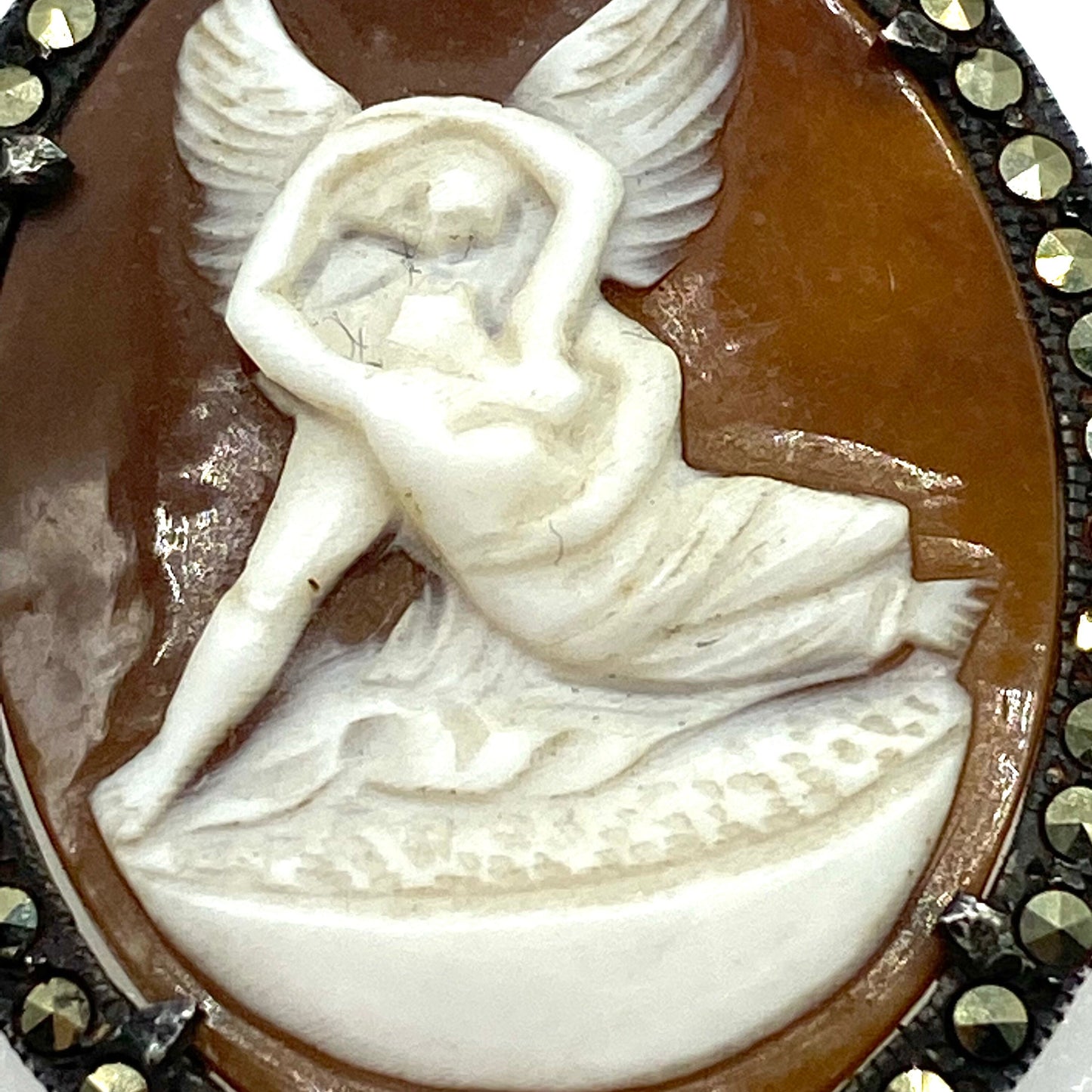 Cupid and Psyche European 800 Continental Silver Marcasite Shell Cameo Pendant/Brooch