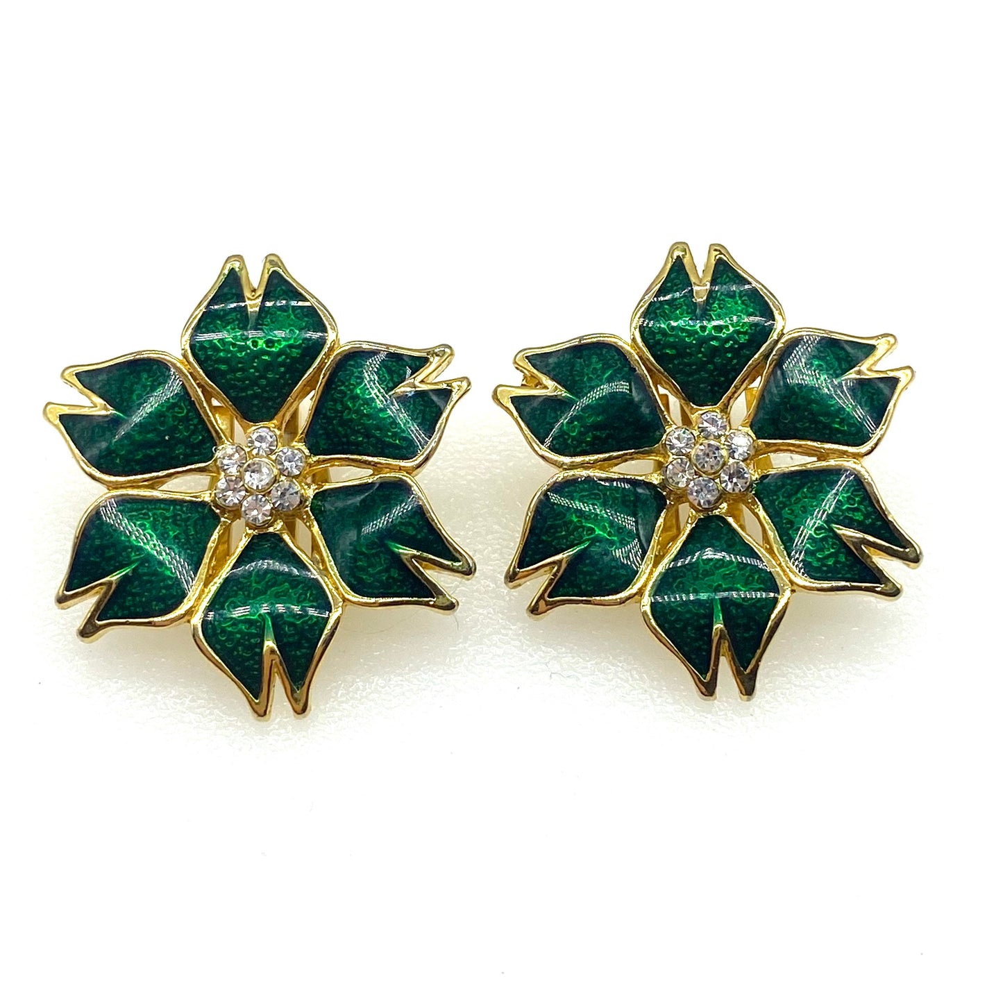 Soleil Green Enamel and Crystal Flower Clip On Earrings