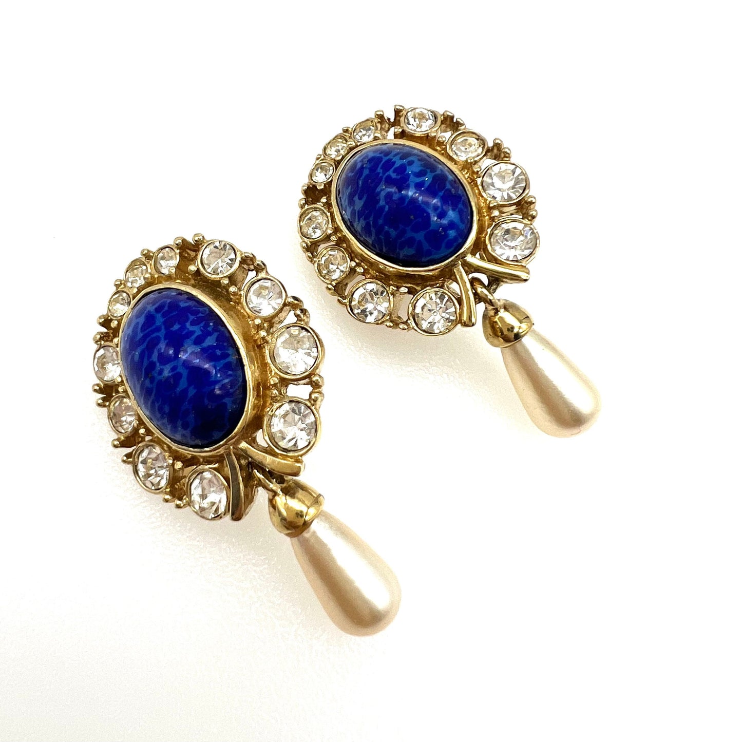 CIRO Boucles d'oreilles compte-gouttes à clip plaqué or effet lapis-lazuli, cristal et fausses perles