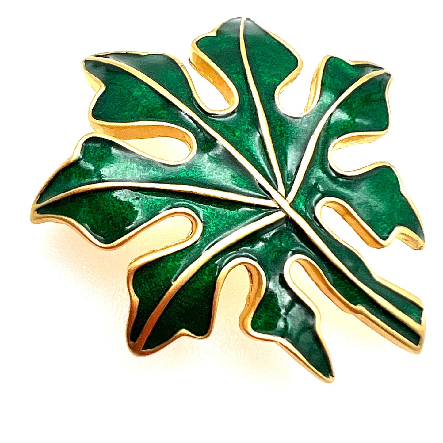 D'Orlan Green Enamel Gold Plated Leaf Brooch