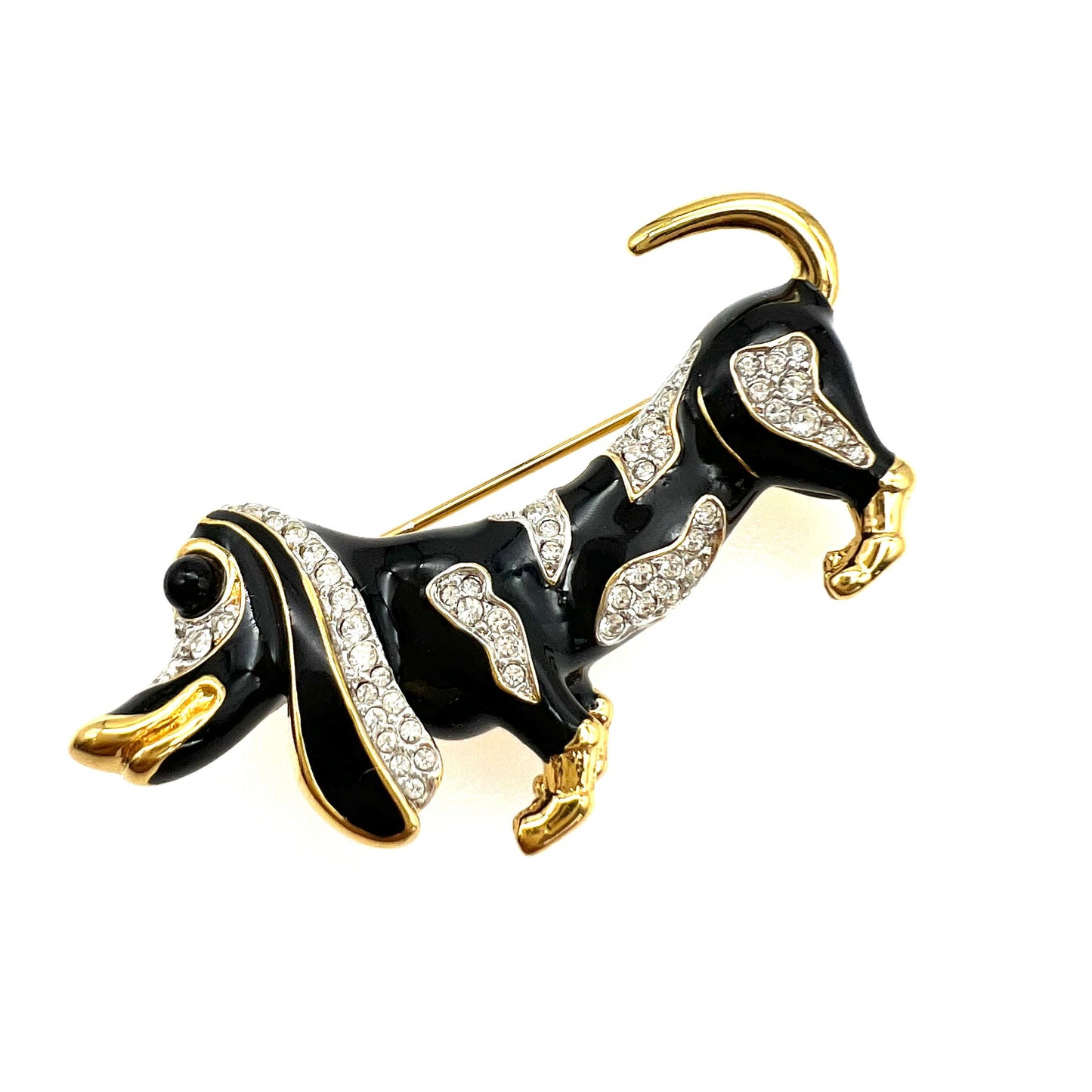 D'Orlan 22ct Triple Gold Plated Black Enamel and Clear Crystal Dapple Dachshund Brooch