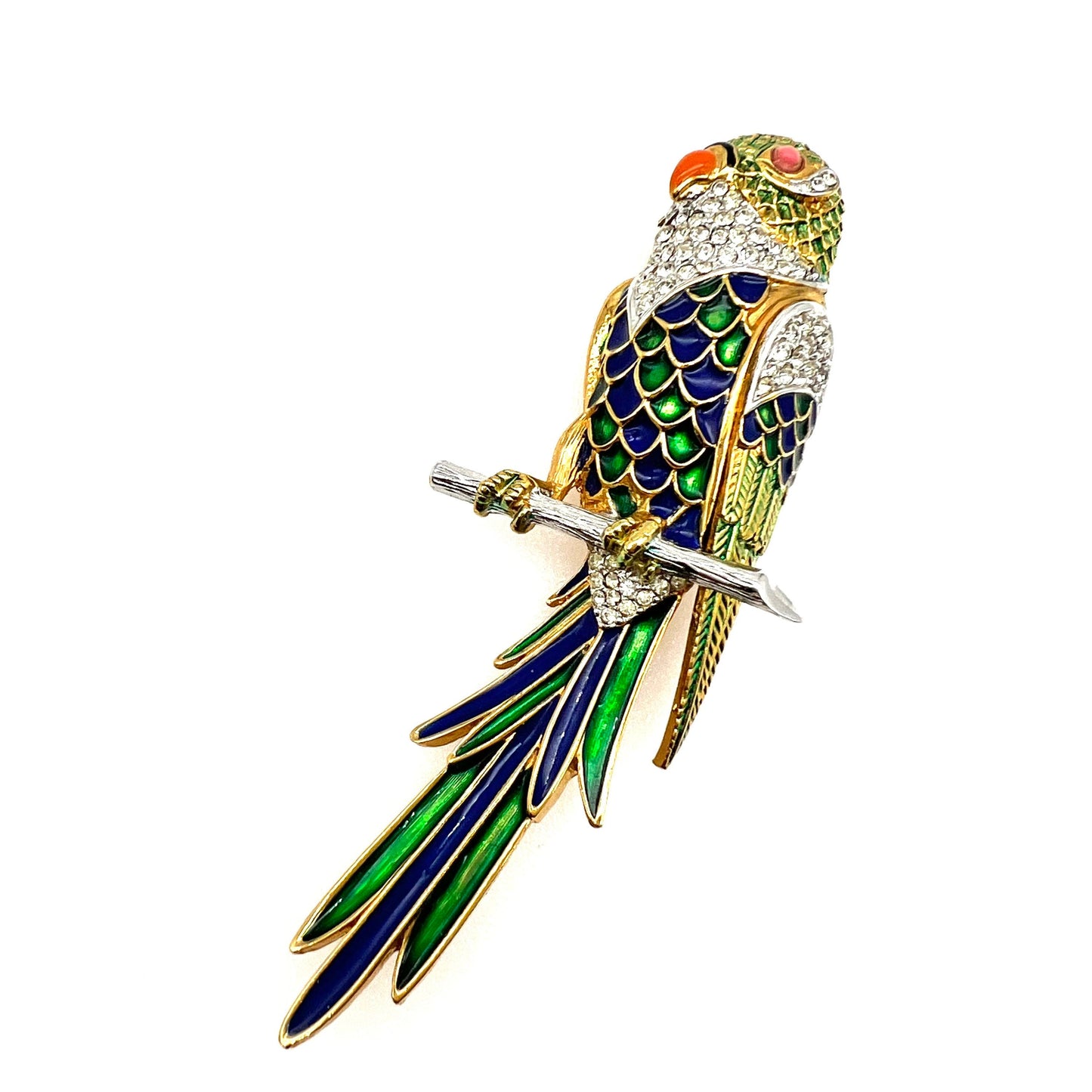 D'Orlan 22ct Triple Gold Plated Enamel and Crystal Parrot/Parakeet Brooch