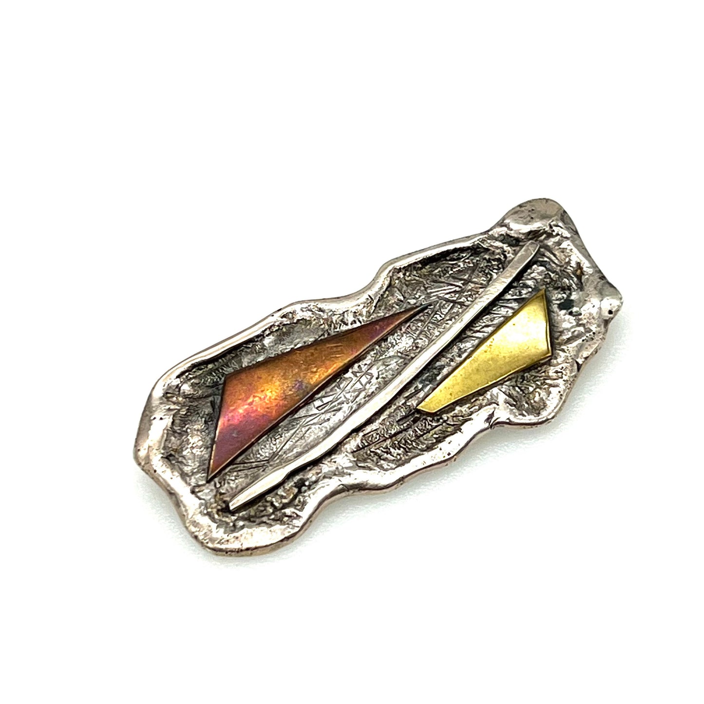Iceland 925s Silver Free Form Brooch with Geometric Accents in Copper and Gold