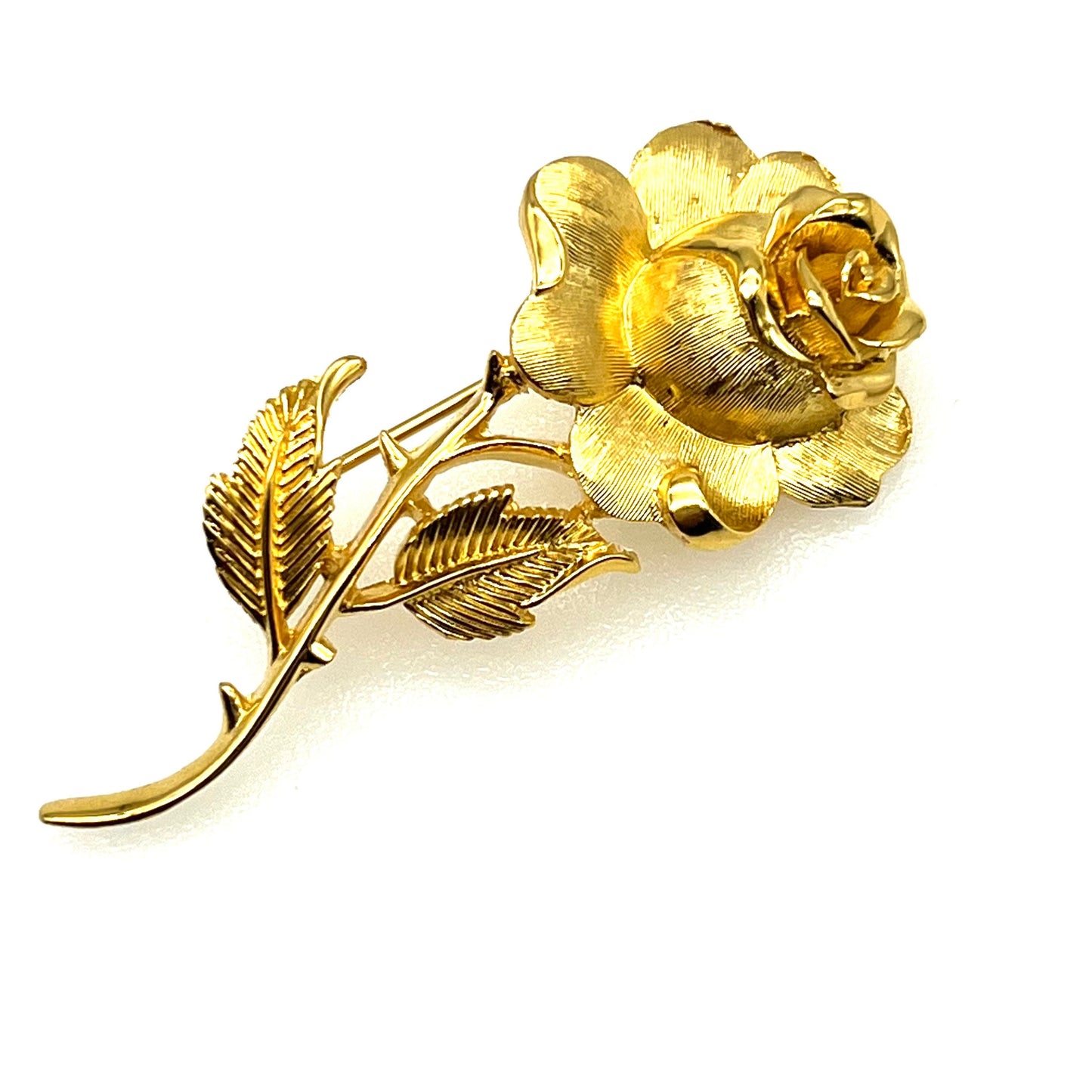 Crown Trifari Gold Plated Single Blooming Rose Brooch