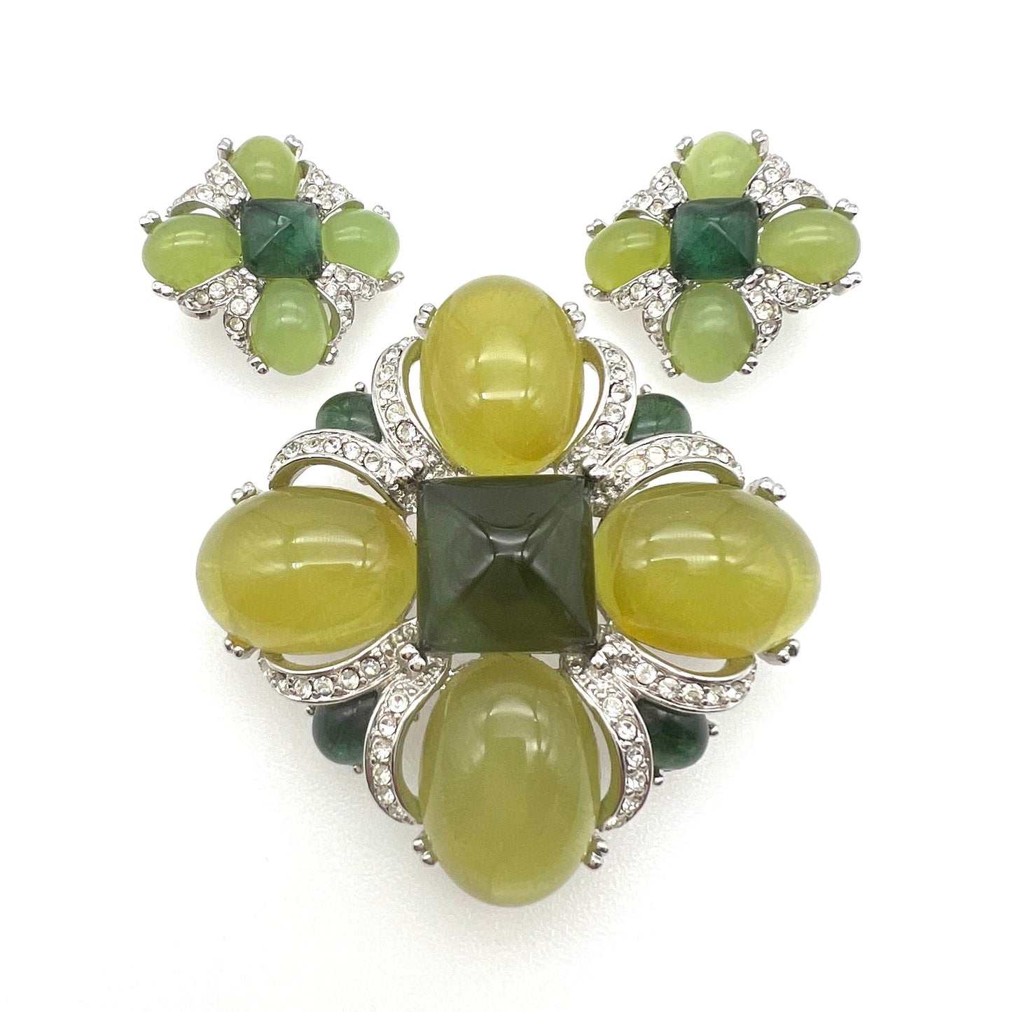 Rare Joan Rivers Demi Parure Broche Croix De Malte Verte Et Clip Sur Boucles D'oreilles