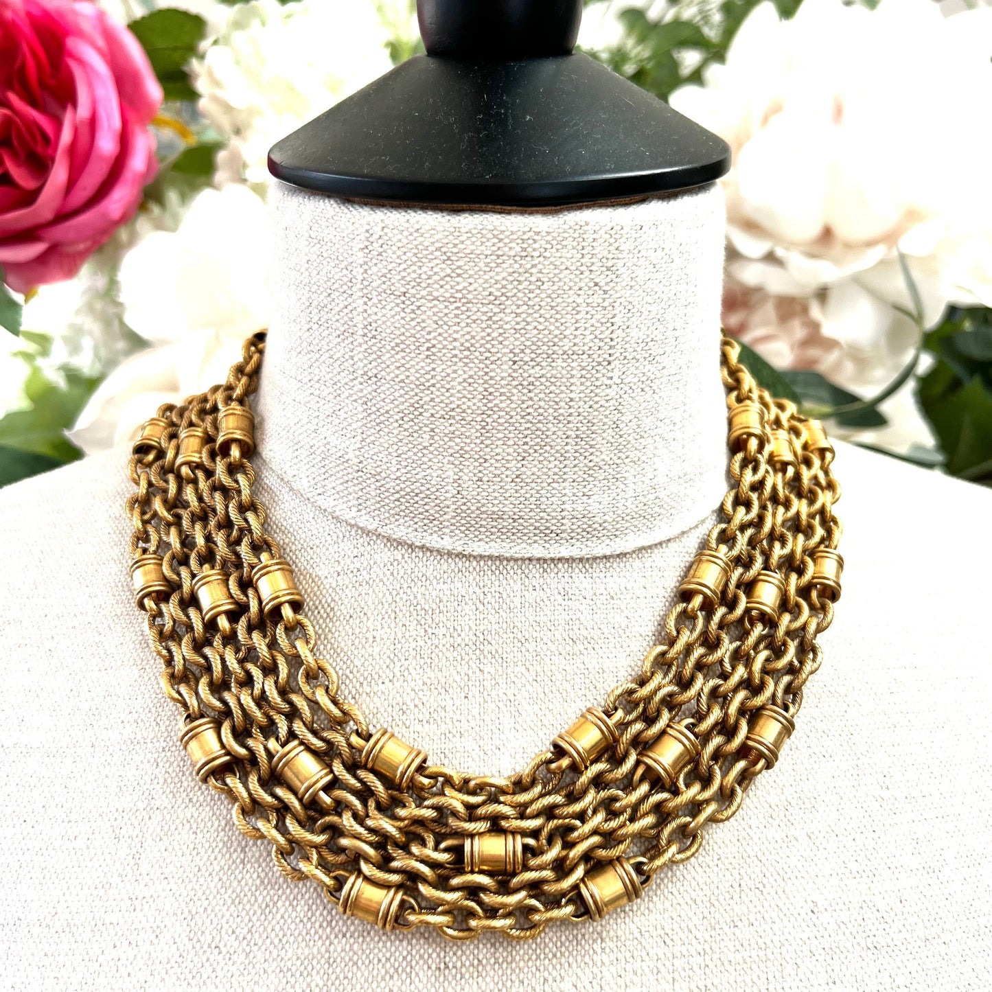 1980's Five Strand Cable Chain Barrel Link Double 'S' Clasp Necklace