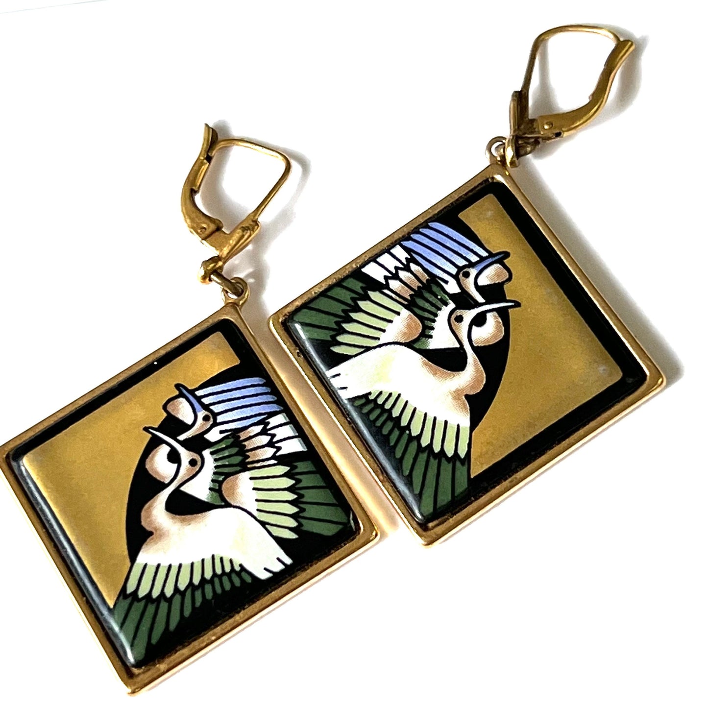 Michaela Frey Vintage Enamel Stork Lever Back Earrings