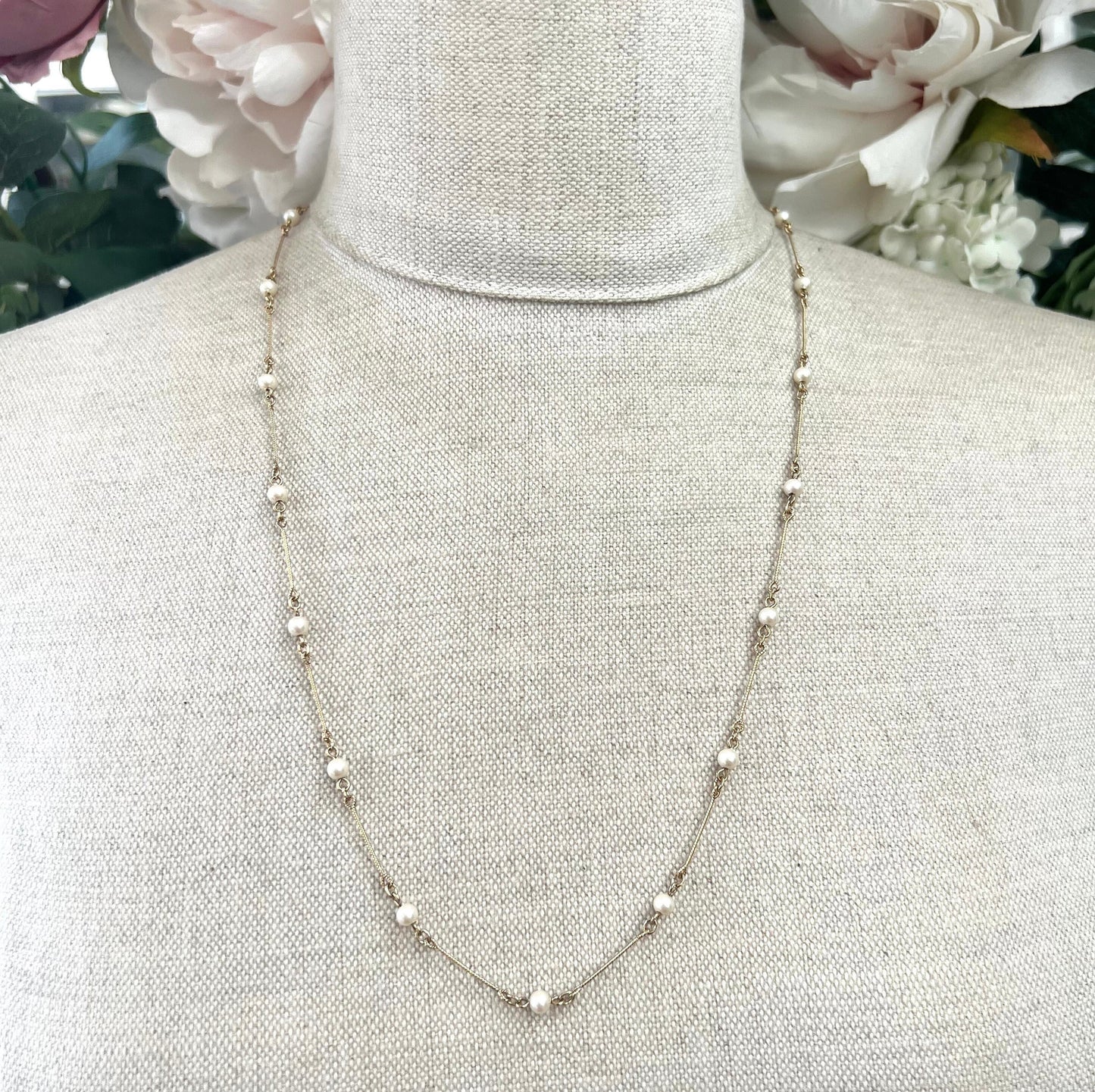 Fine Rigid Link Faux Pearl Necklace with Pat.537985 Clasp Possibly Marvella