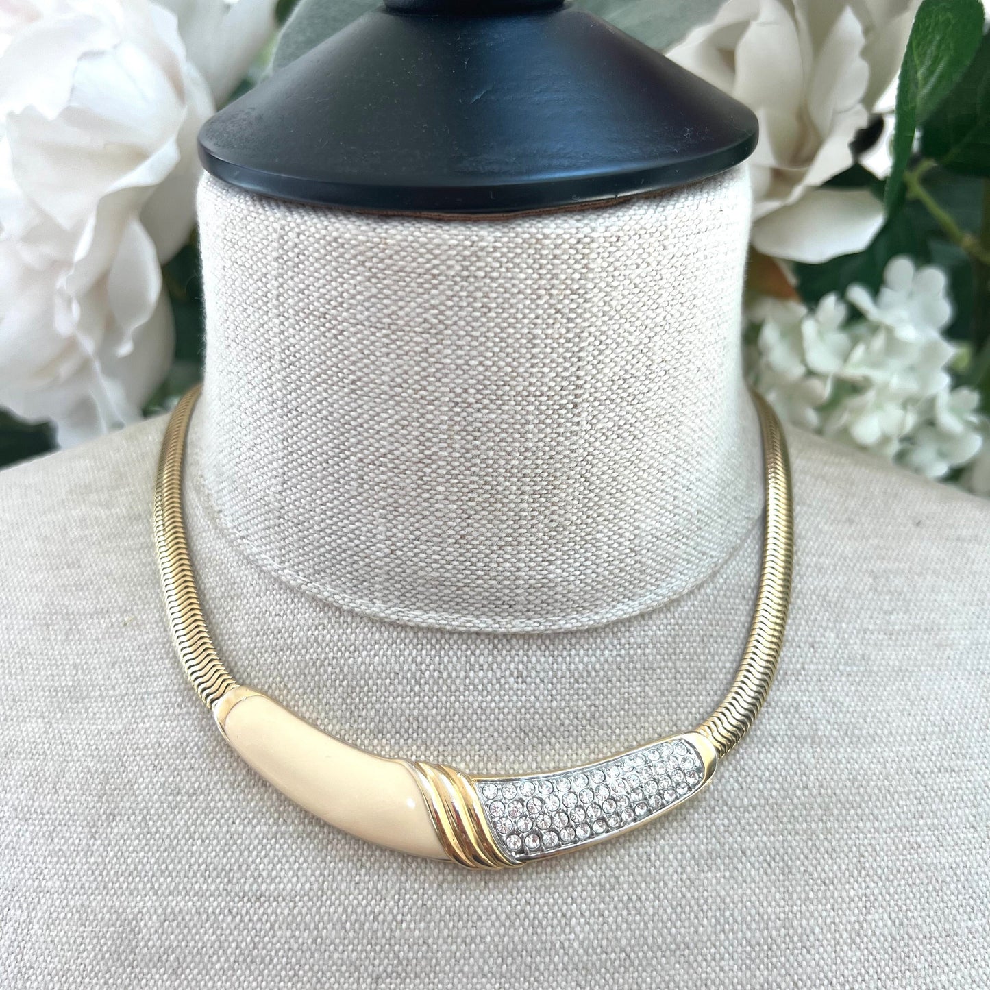 Bergdorf Goodman 1980's Gold Plated Necklace with Rhinestone and Enamel Integral Pendant