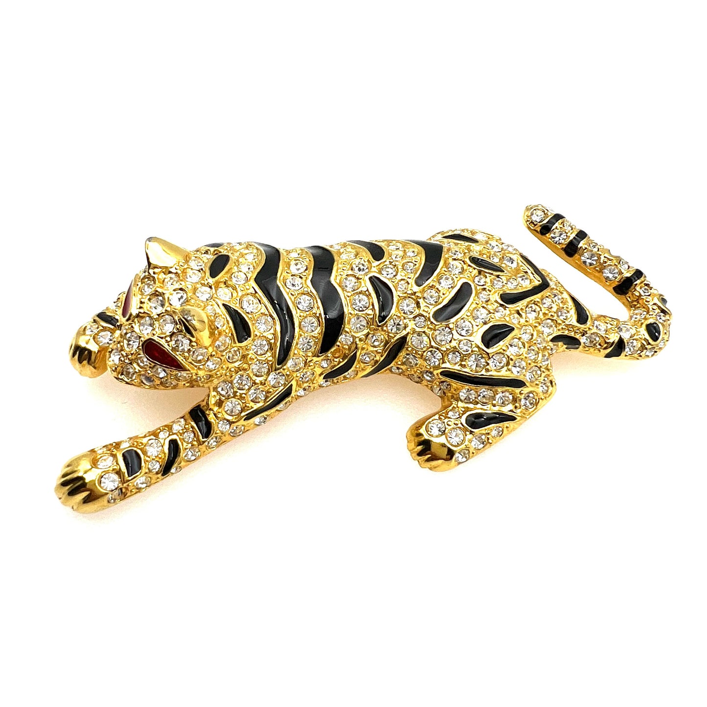 Broche tigre en strass en émail doré non signée