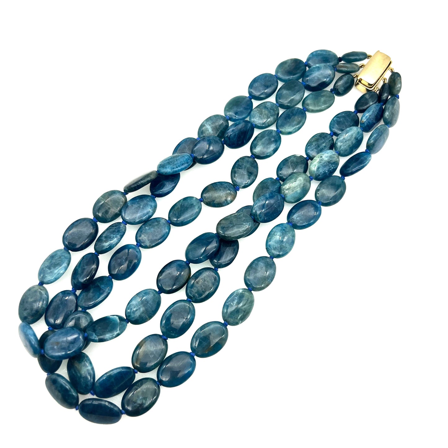 925 Blue Apatite Hand Knotted Three Strand Necklace with a Chunky Gold Overlay 925 Silver Magnetic Clasp