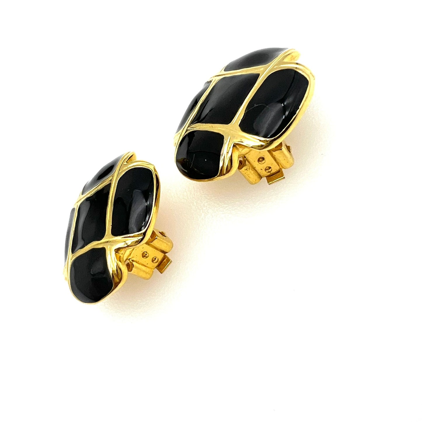 Vintage Round Gold Plated and Black Enamel Cross Clip On Earrings