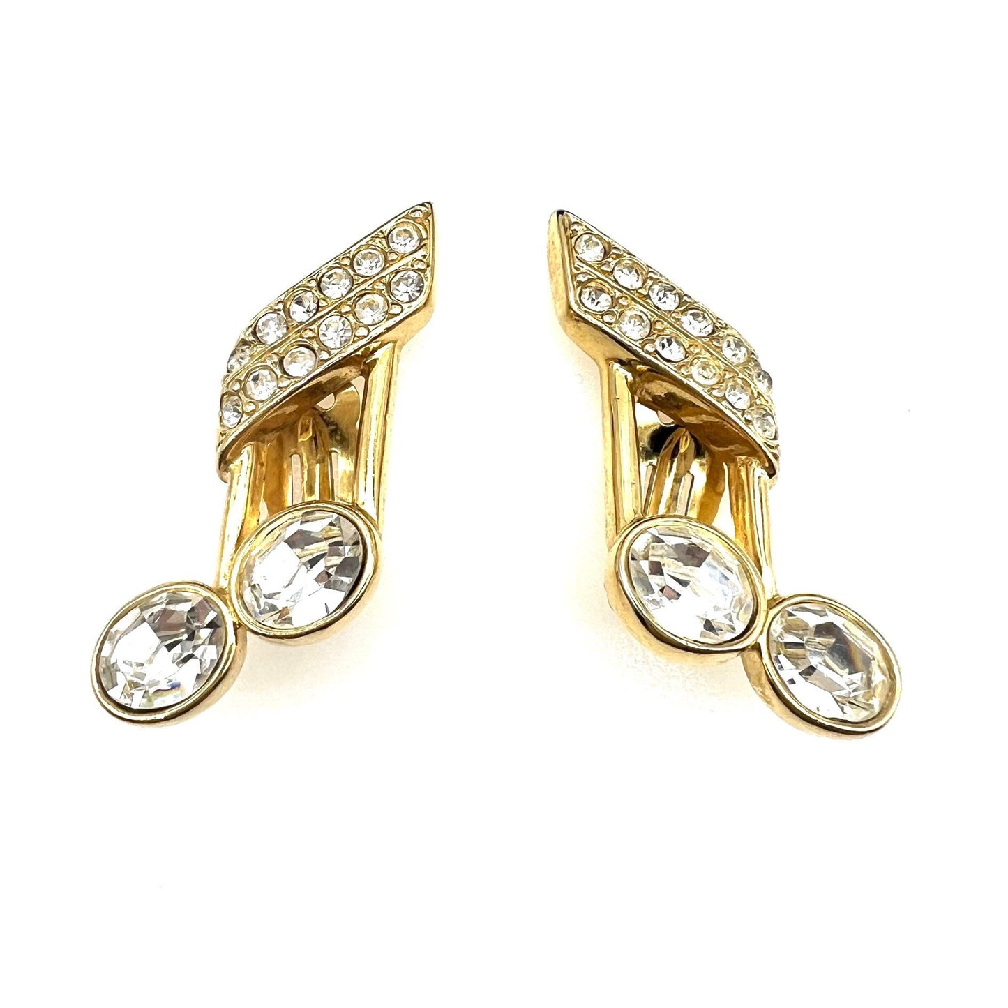 Large Yves Saint Laurent 1980's Robert Goossens Gold Plated and Crystal Semiquaver (Musical Note) Clip On Earrings in Original Box