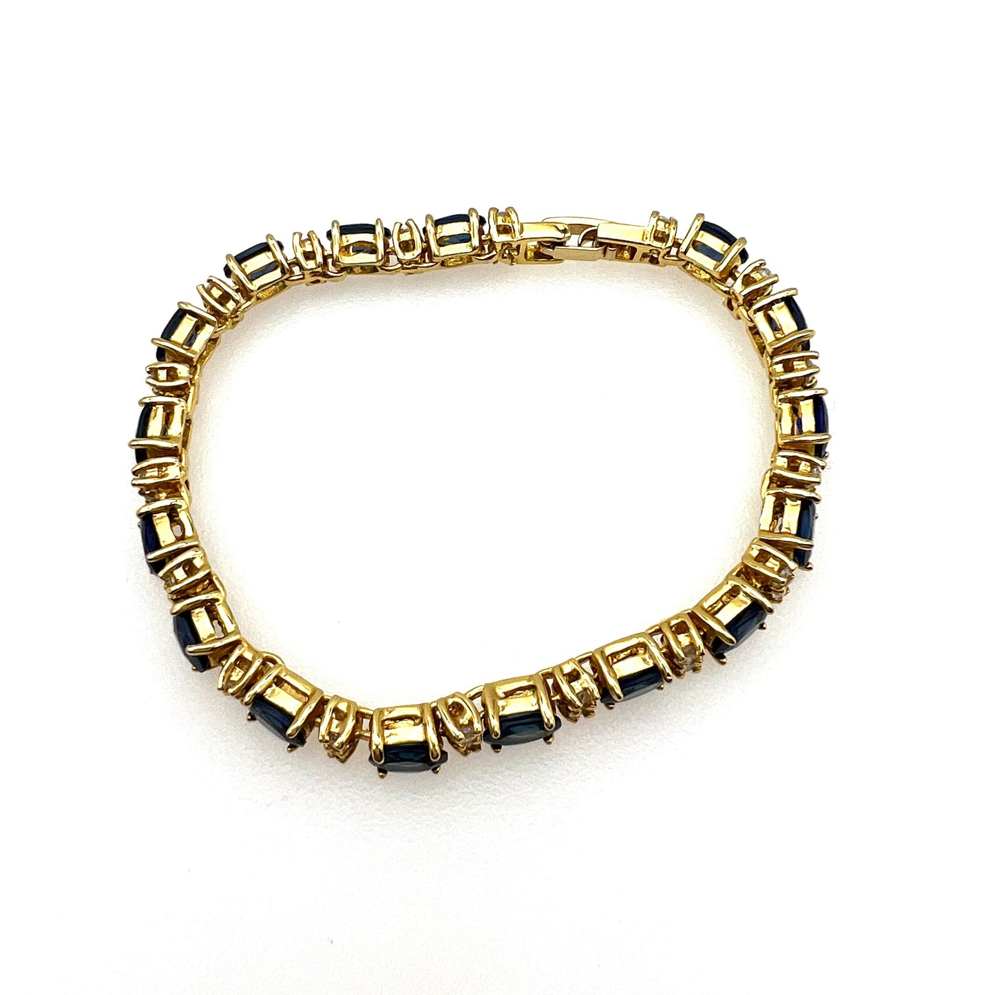 Vintage Royal Blue and Clear Crystal 18ct Gold Plated Chain Link Bracelet