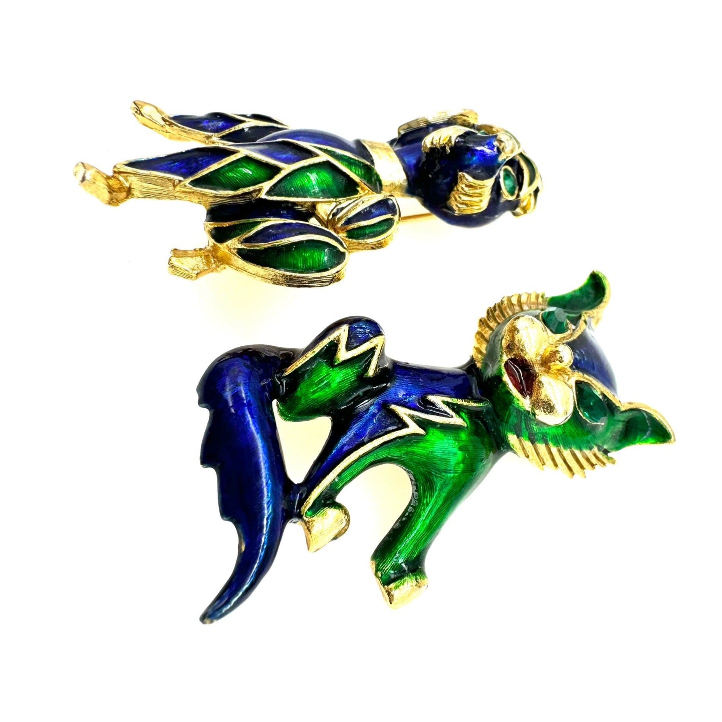 Sphinx RARE Matching Dog & Cat Enamel and Rhinestone Brooches