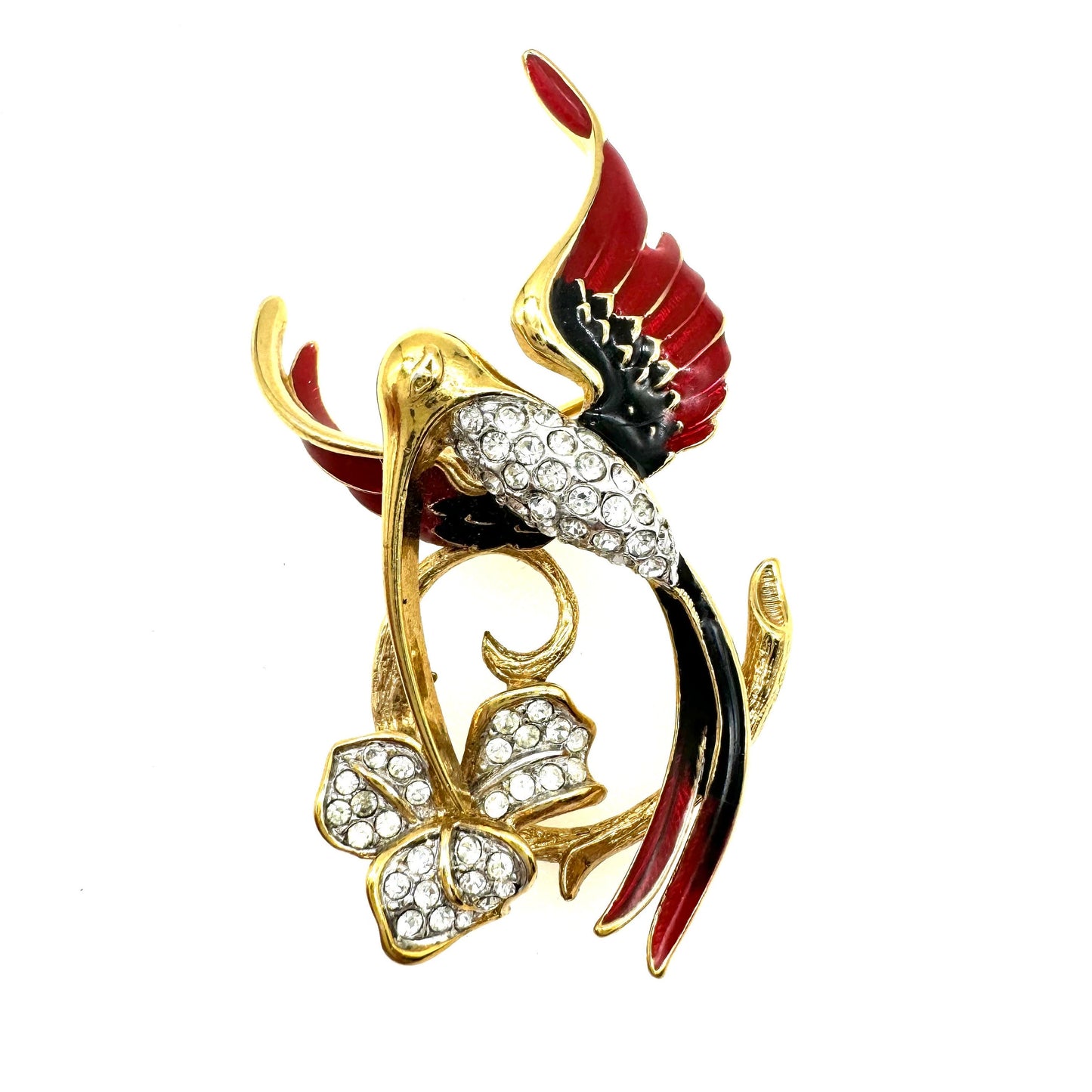 Attwood and Sawyer 22ct gold plated Red and Black Enamel and Swarovski Crystal Hummingbird and Flower Brooch