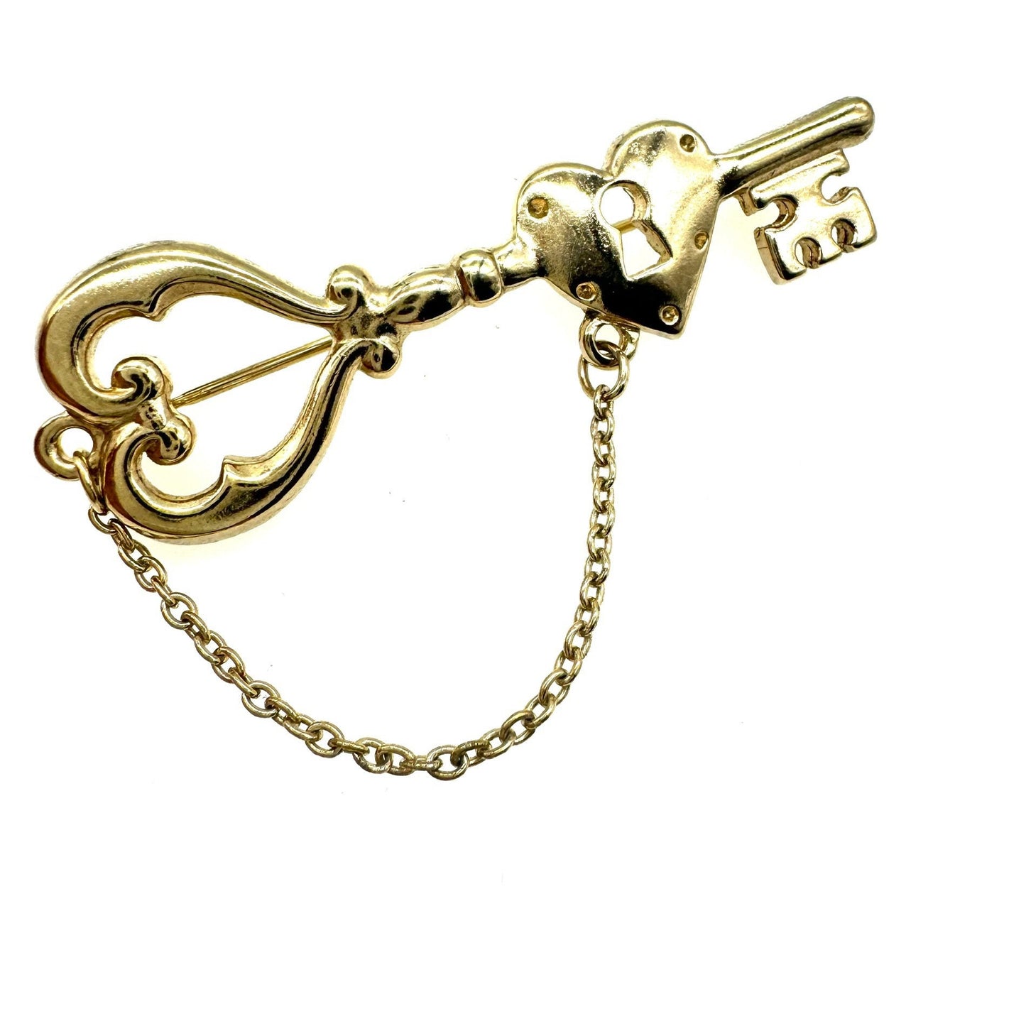 Key and Heart with Keyhole Brooch with Safety Chain for Decorative Effect