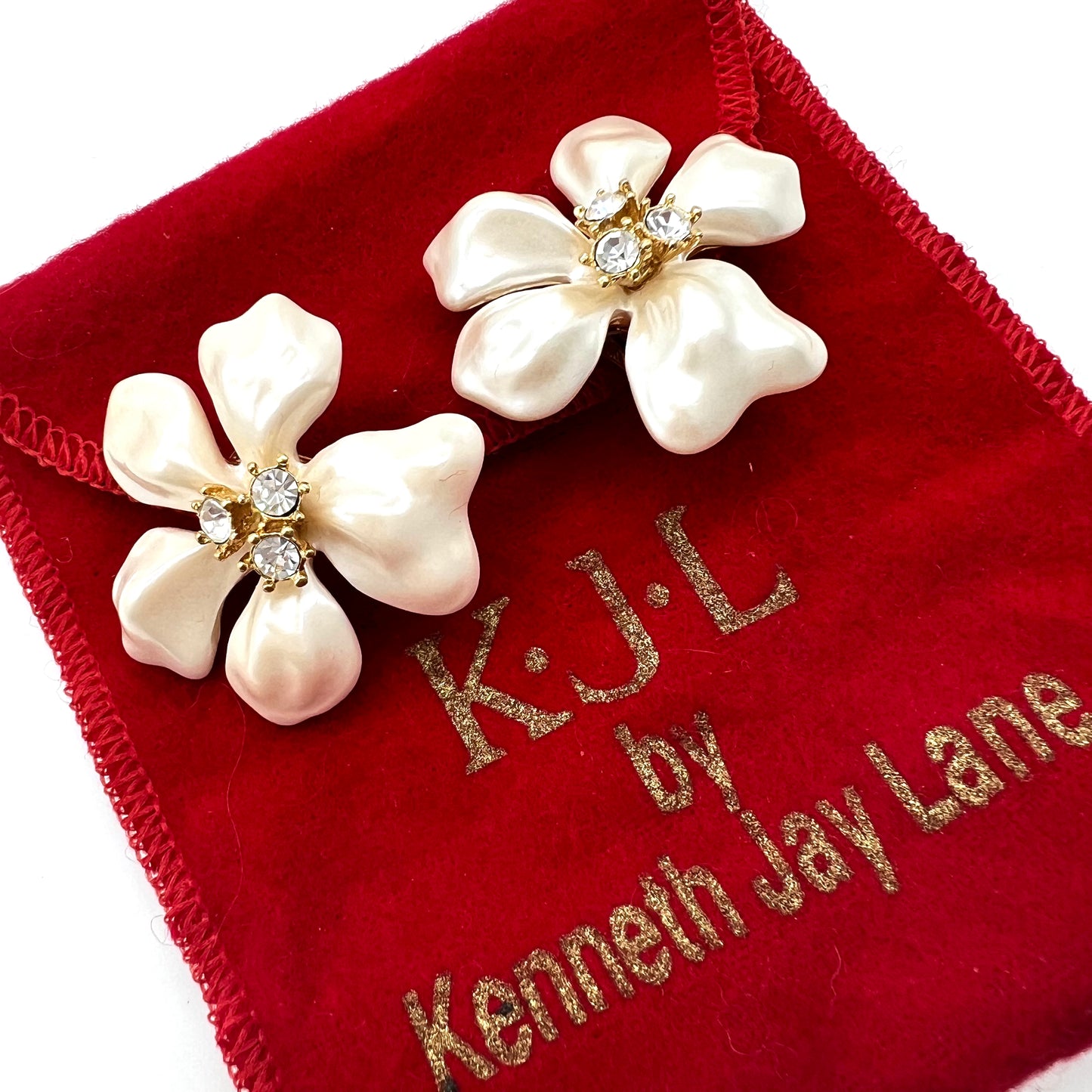 KJL by Kenneth Jay Lane 22ct Gold Plated White Resin Keshi Pearl Effect and Crystal Flower Clip on Earrings (Future Collectible)