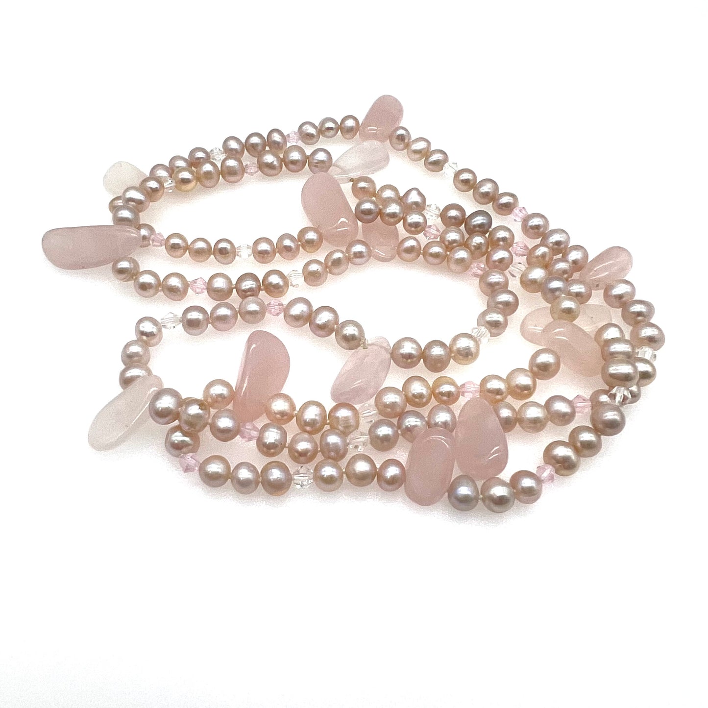 Knotted Rose Quartz, Pink River Pearl and Faceted Crystal Necklace